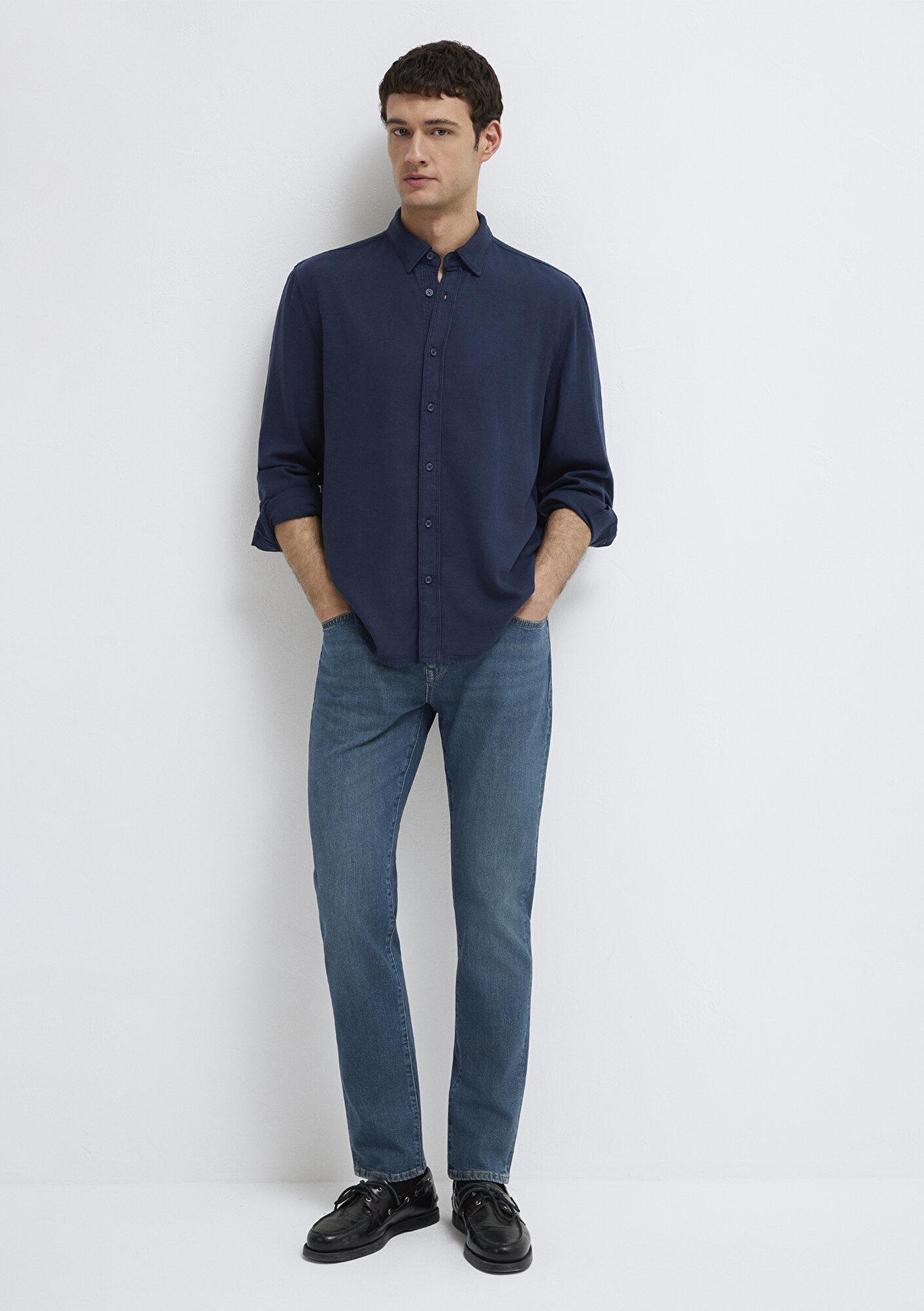 Mavi Keten Karışımlı Lacivert (TENCEL™)  Liyosel Gömlek Regular Fit / Normal Kesim 0211482-70490