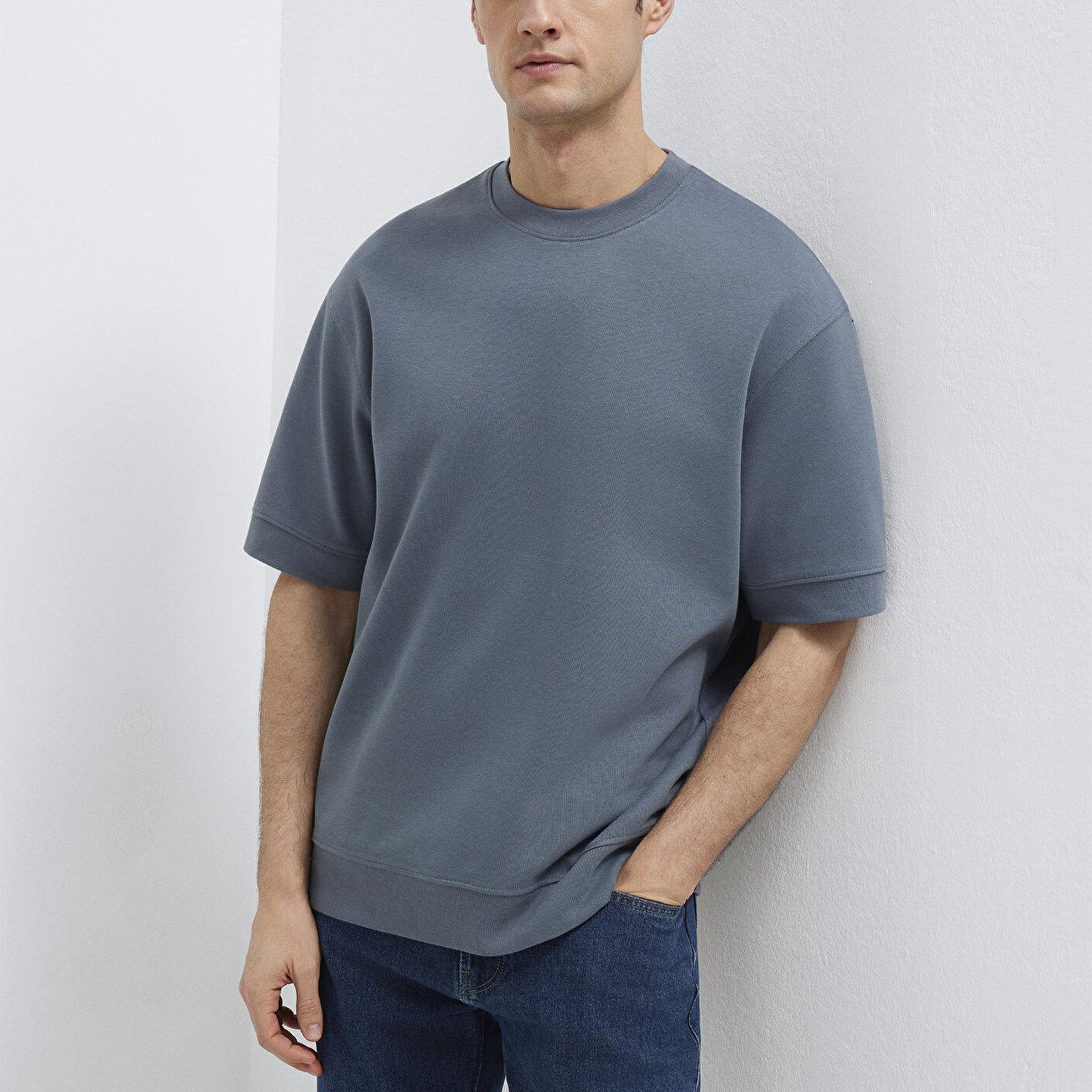 Mavi Bisiklet Yaka Mavi Tişört Loose Fit / Bol Rahat Kesim 0611614-80776