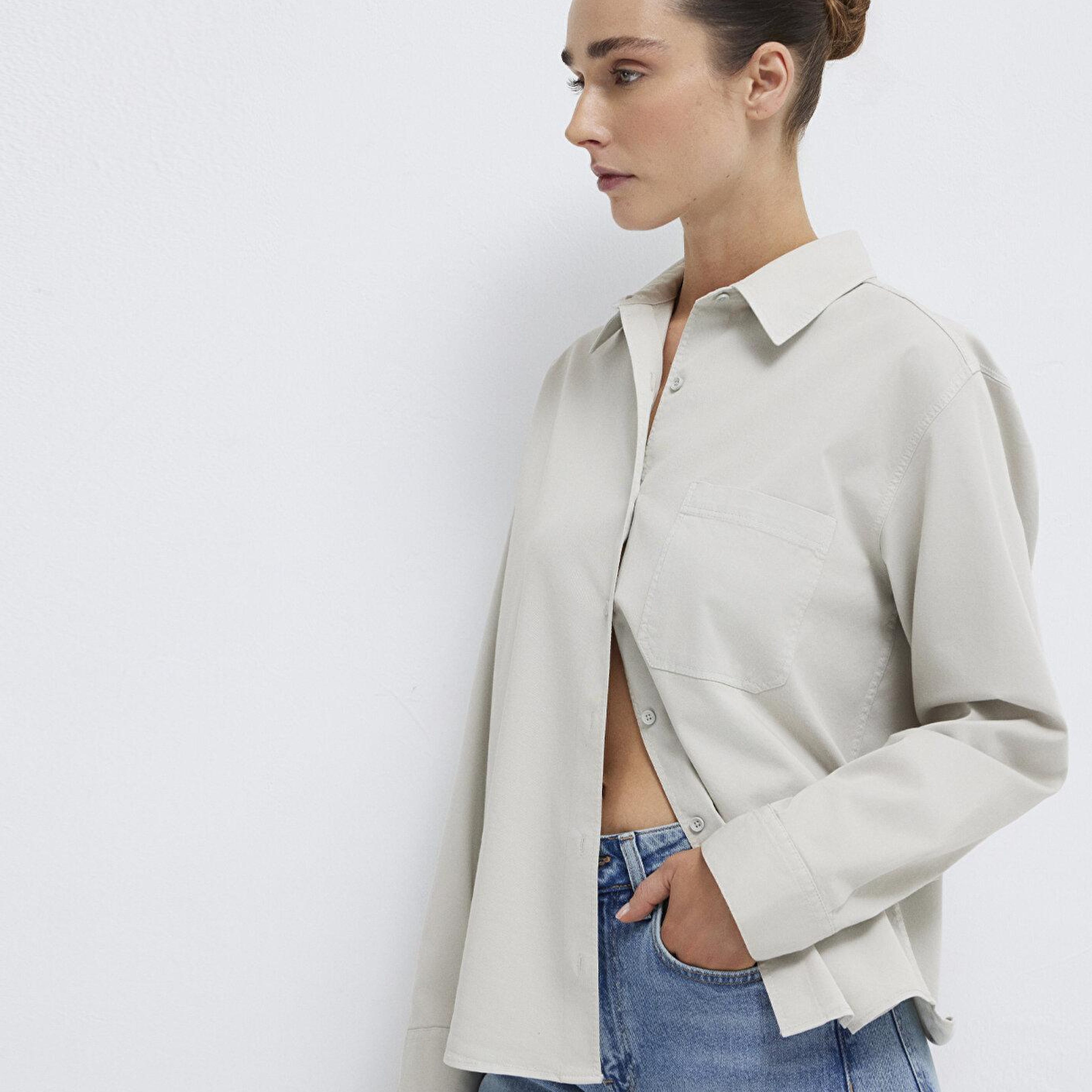 Mavi Cepli Gri Gömlek Loose Fit / Bol Rahat Kesim 1211385-80618
