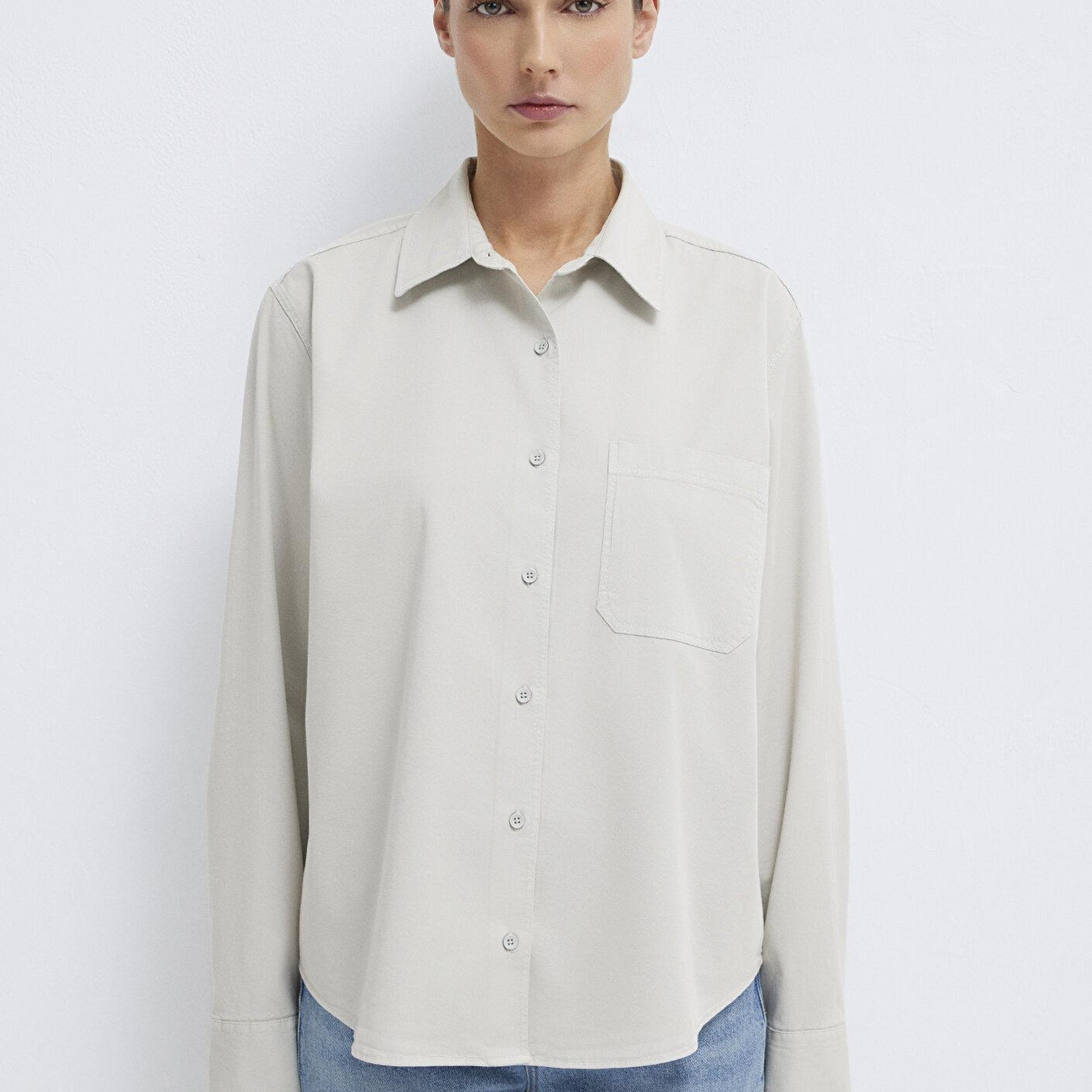 Mavi Cepli Gri Gömlek Loose Fit / Bol Rahat Kesim 1211385-80618