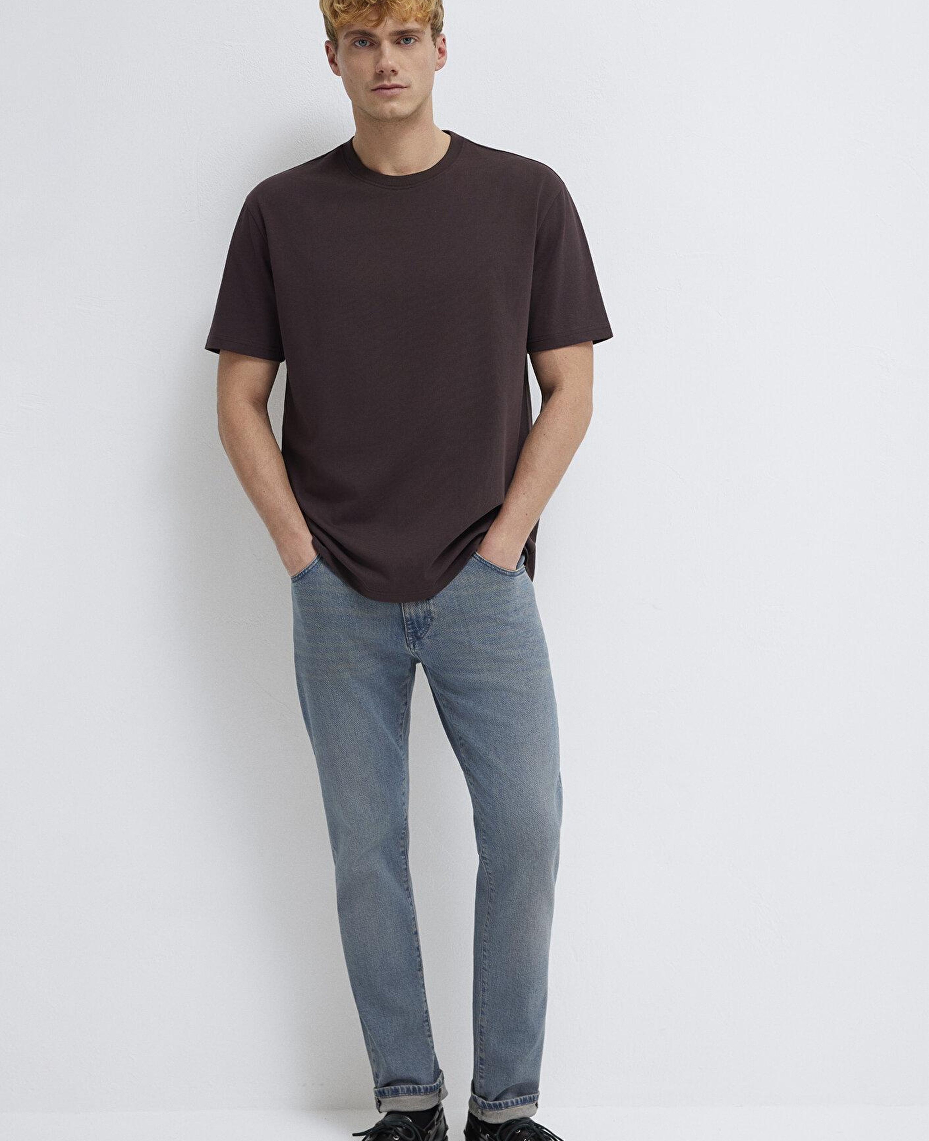 Mavi Bisiklet Yaka Kahverengi Basic Tişört Loose Fit / Bol Rahat Kesim 0611596-88083