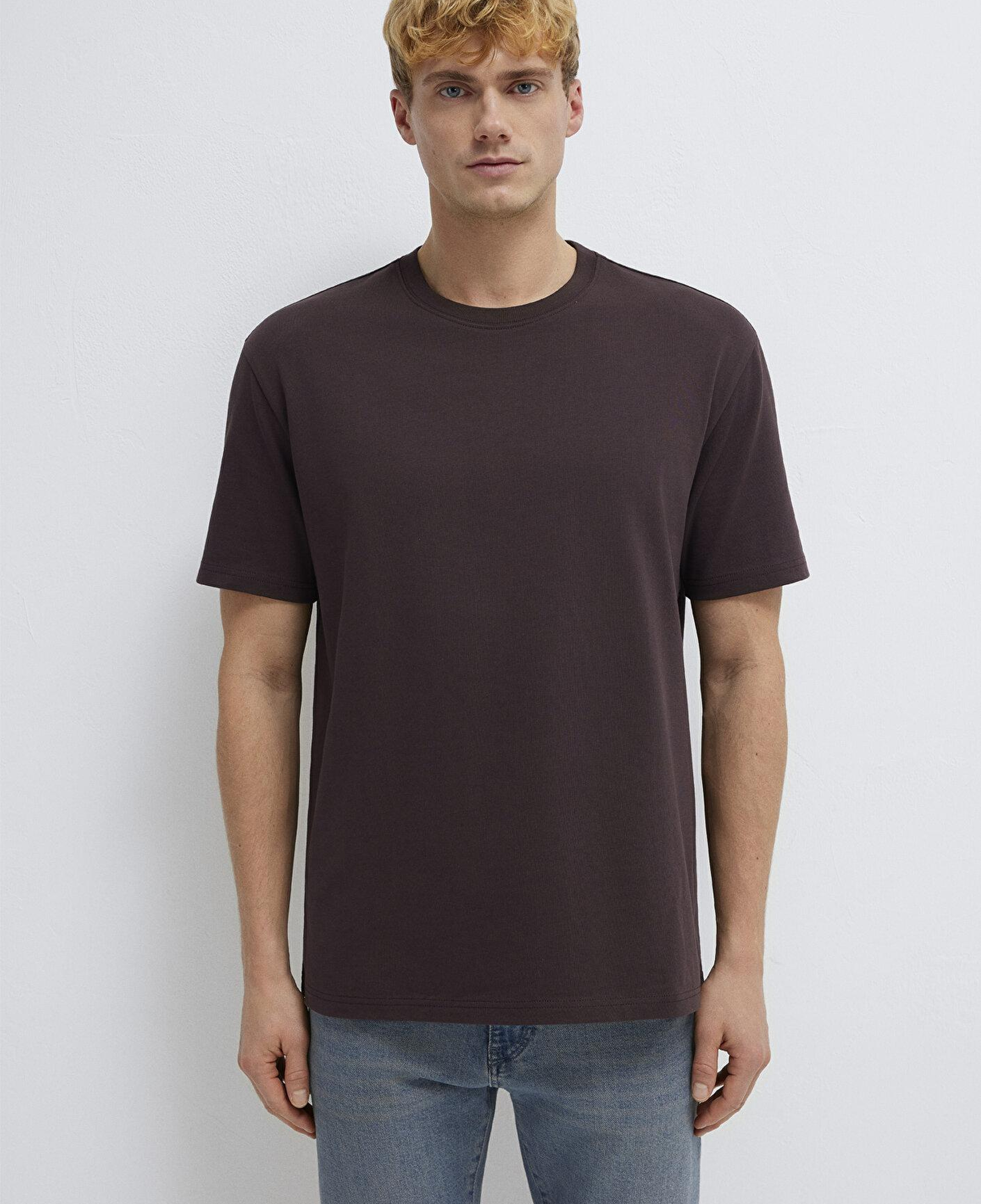 Mavi Bisiklet Yaka Kahverengi Basic Tişört Loose Fit / Bol Rahat Kesim 0611596-88083