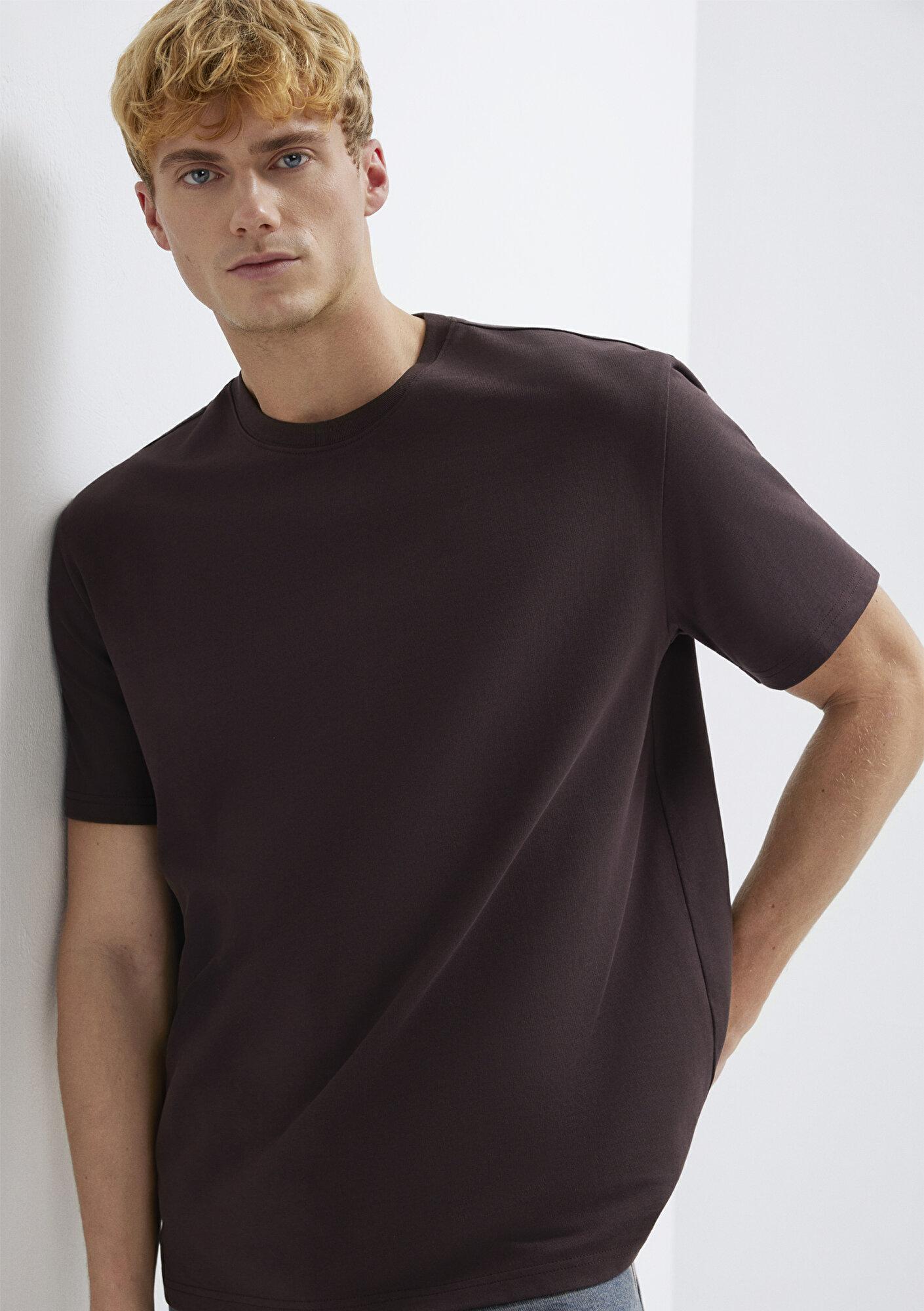 Mavi Bisiklet Yaka Kahverengi Basic Tişört Loose Fit / Bol Rahat Kesim 0611596-88083