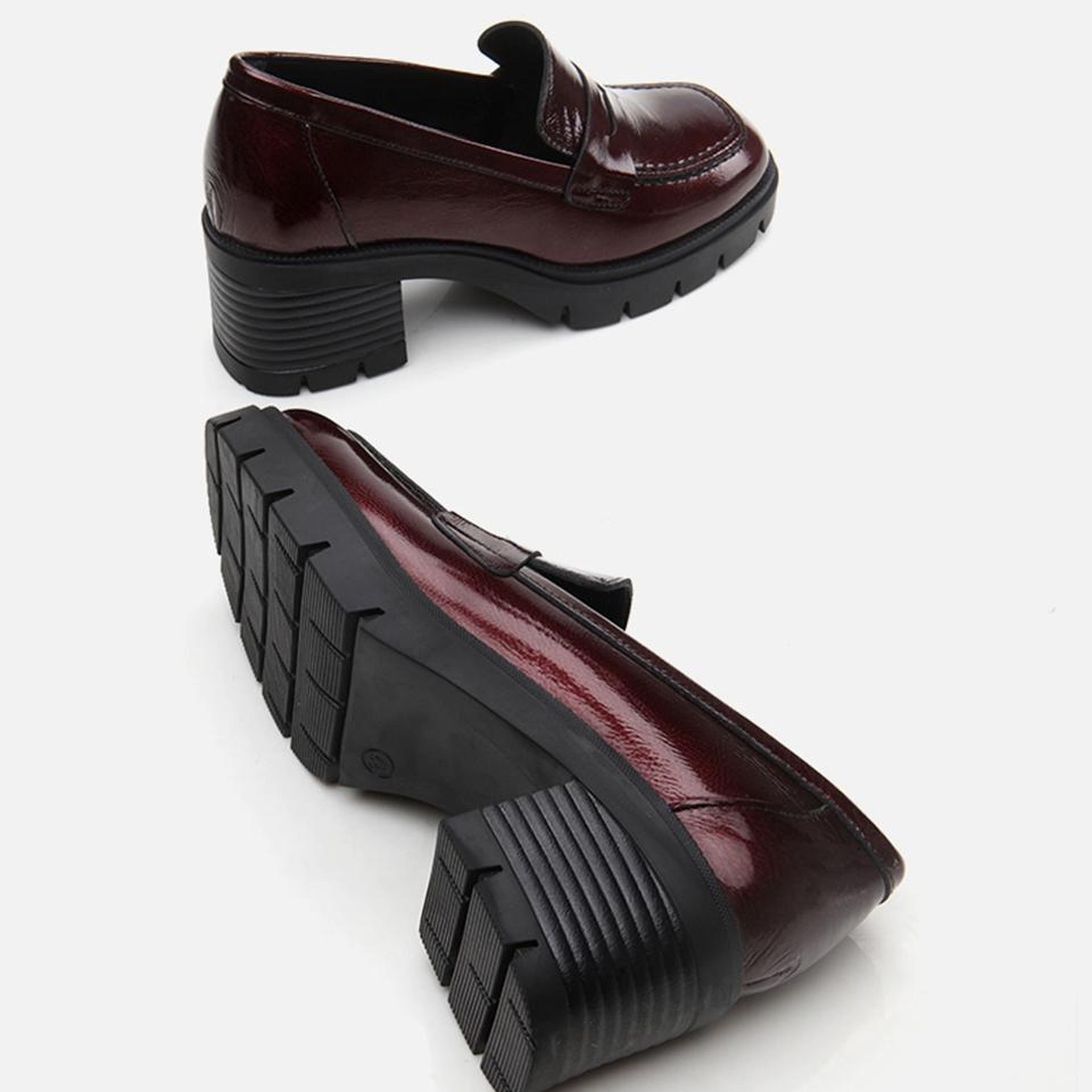 Kadın Rugan Deri Bordo Topuklu Klasik Loafer