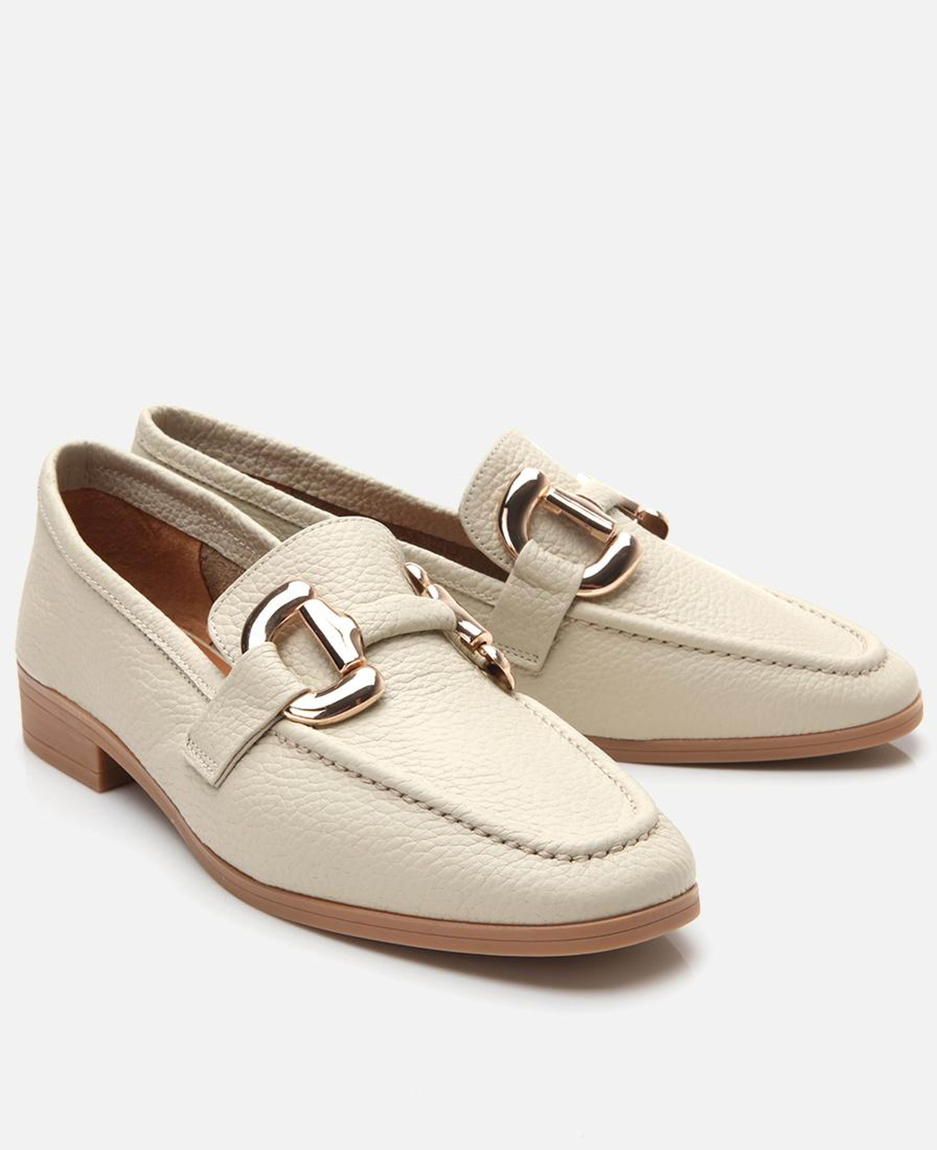 Kadın Deri Ekru Tokalı Günlük Loafer