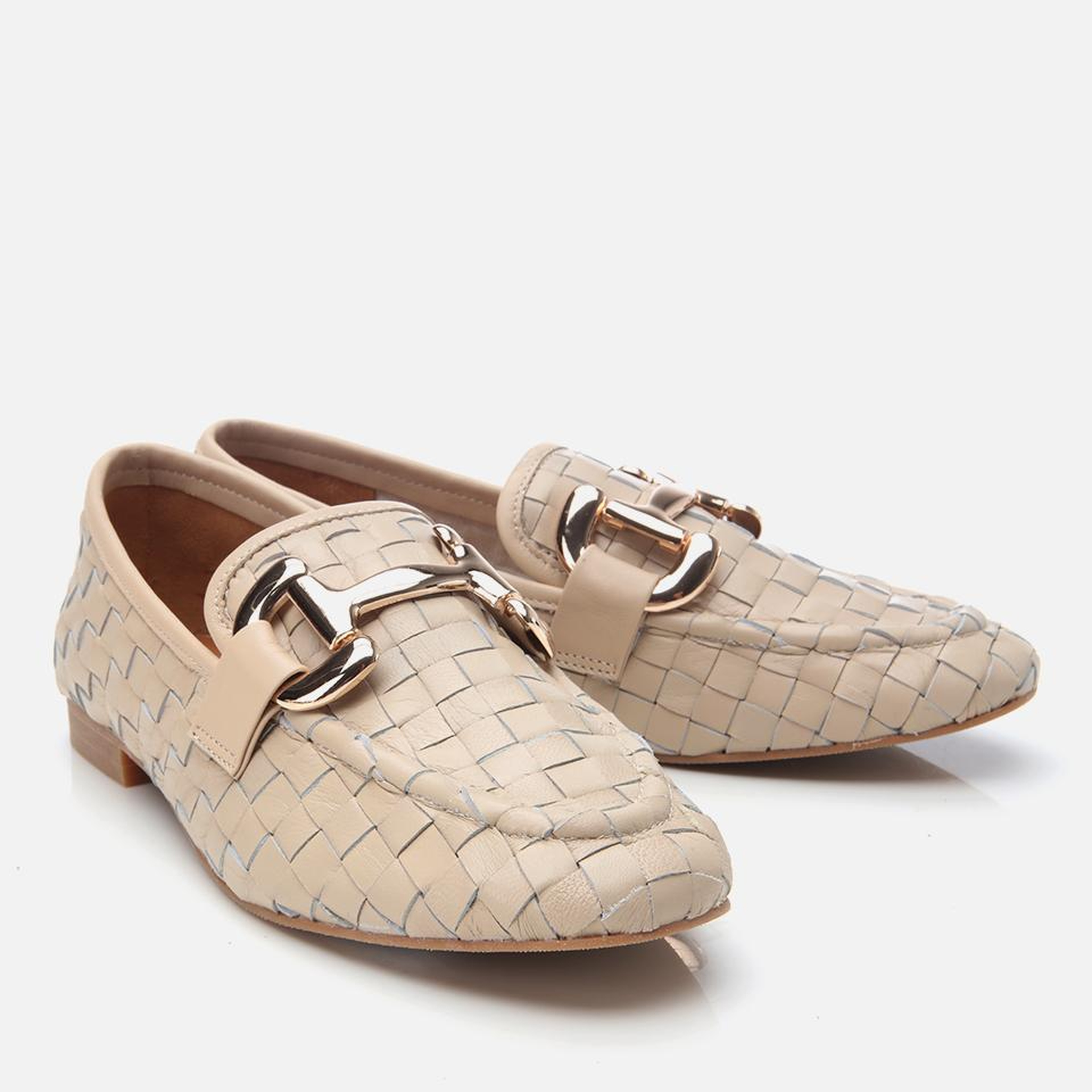 Kadın Deri Bej Örgü Detaylı Tokalı Klasik Loafer