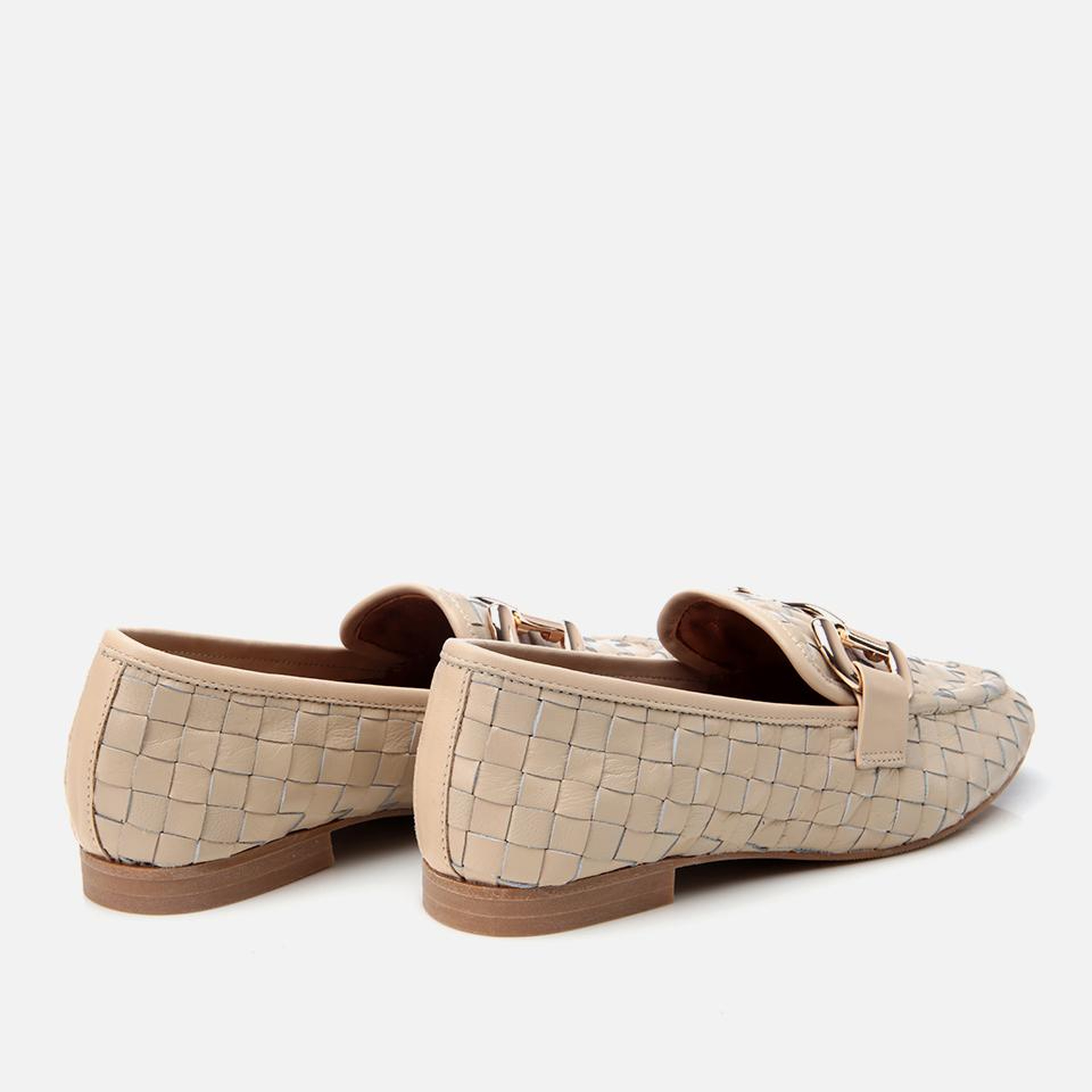 Kadın Deri Bej Örgü Detaylı Tokalı Klasik Loafer