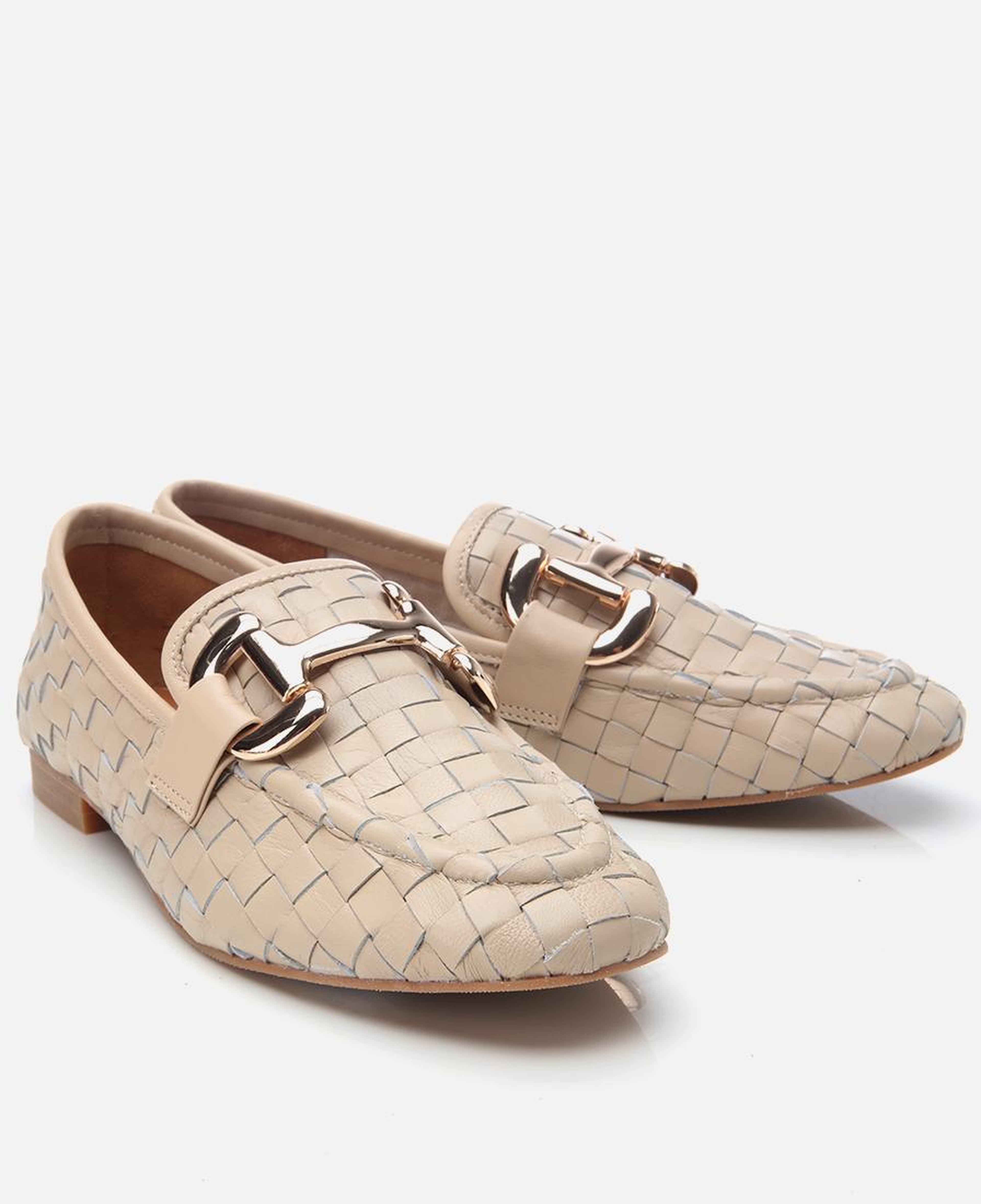 Kadın Deri Bej Örgü Detaylı Tokalı Klasik Loafer