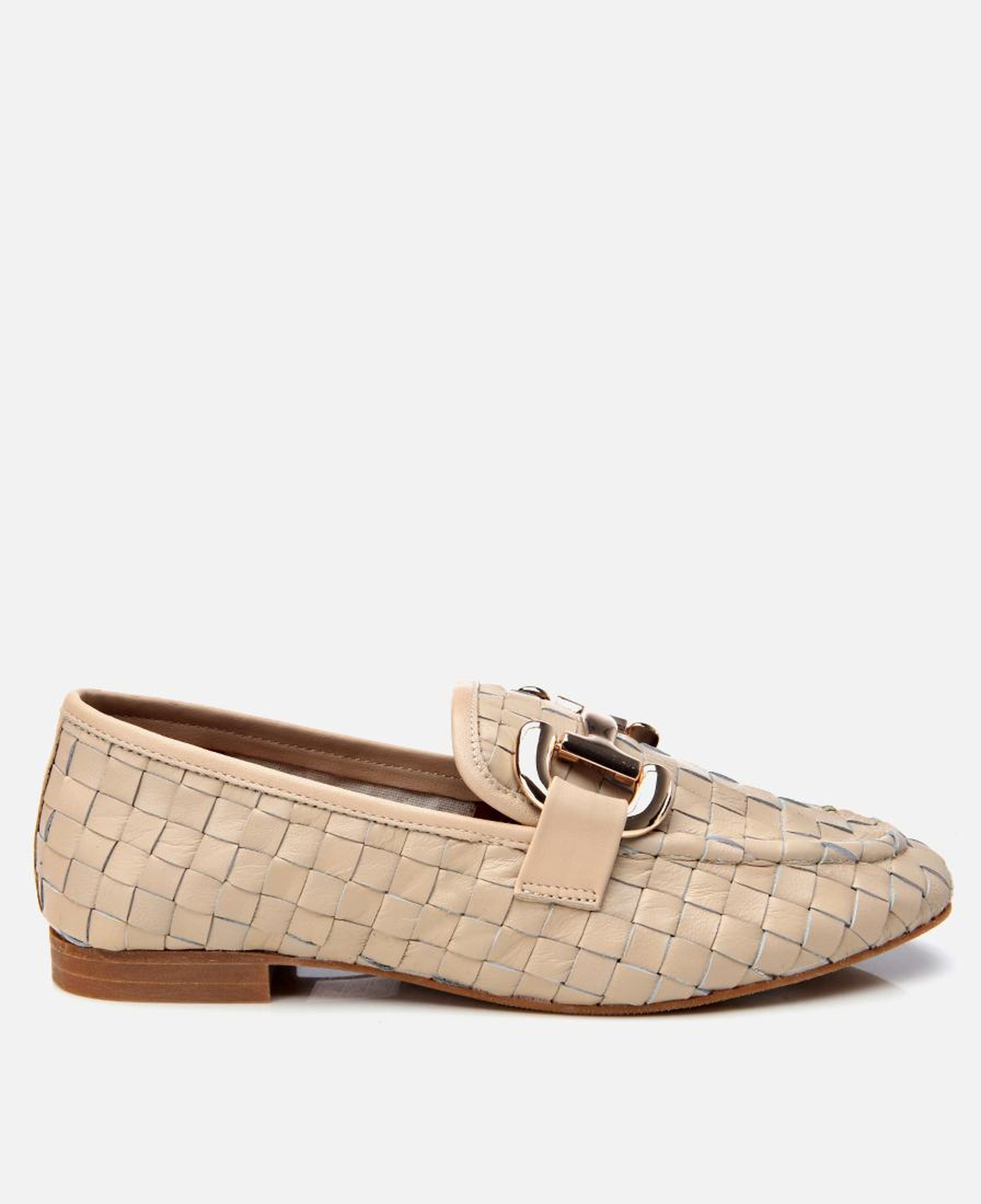 Kadın Deri Bej Örgü Detaylı Tokalı Klasik Loafer