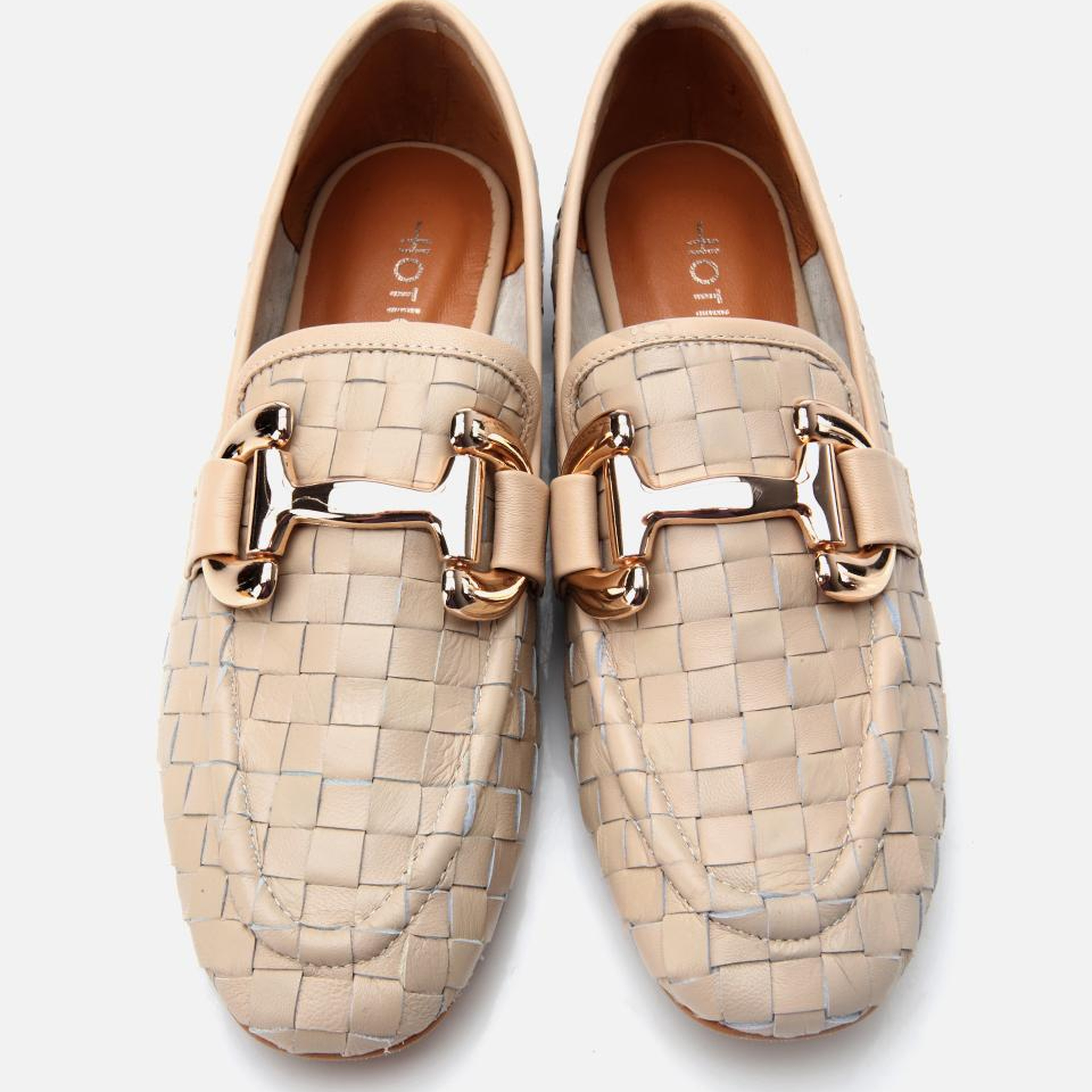 Kadın Deri Bej Örgü Detaylı Tokalı Klasik Loafer