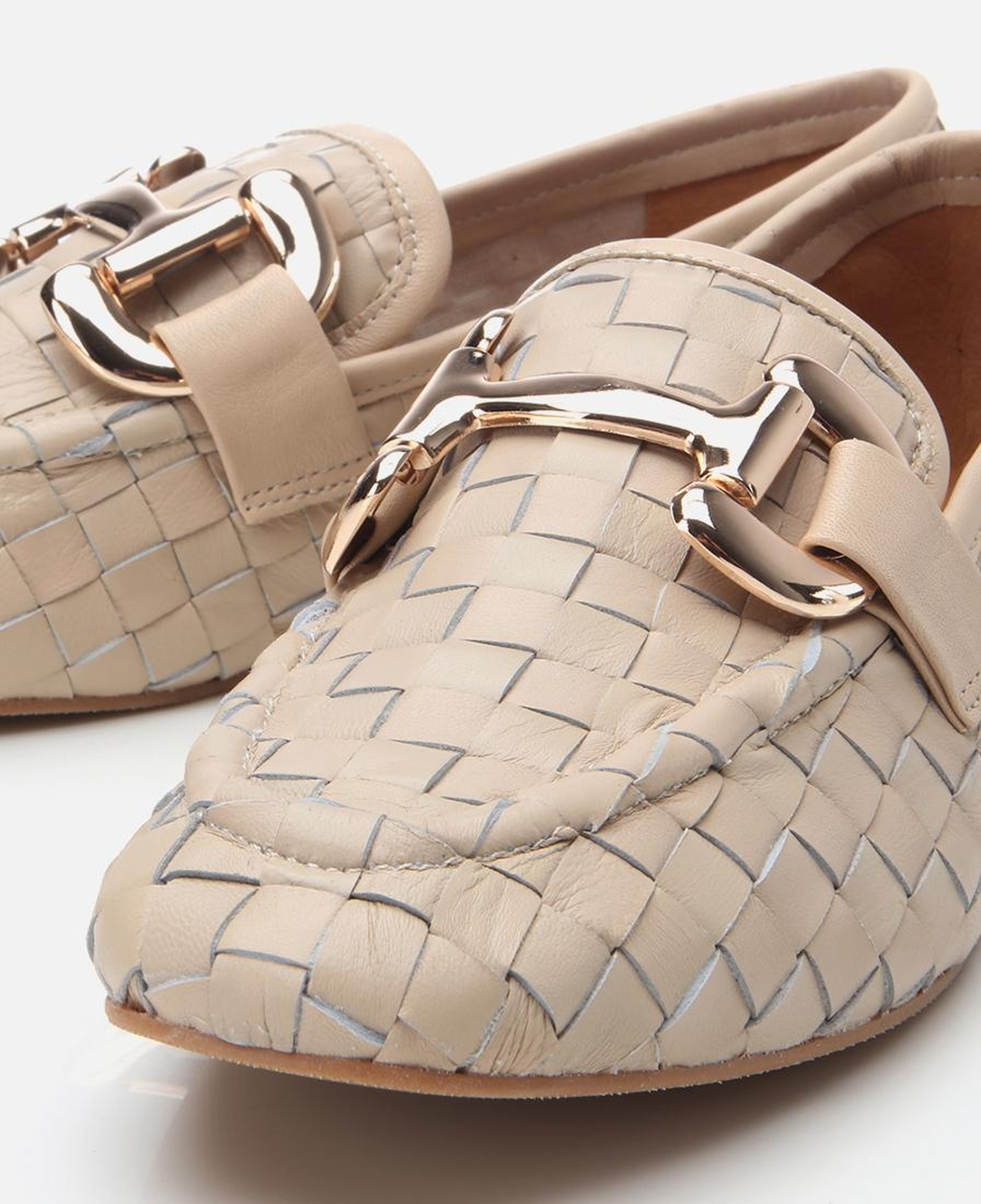 Kadın Deri Bej Örgü Detaylı Tokalı Klasik Loafer