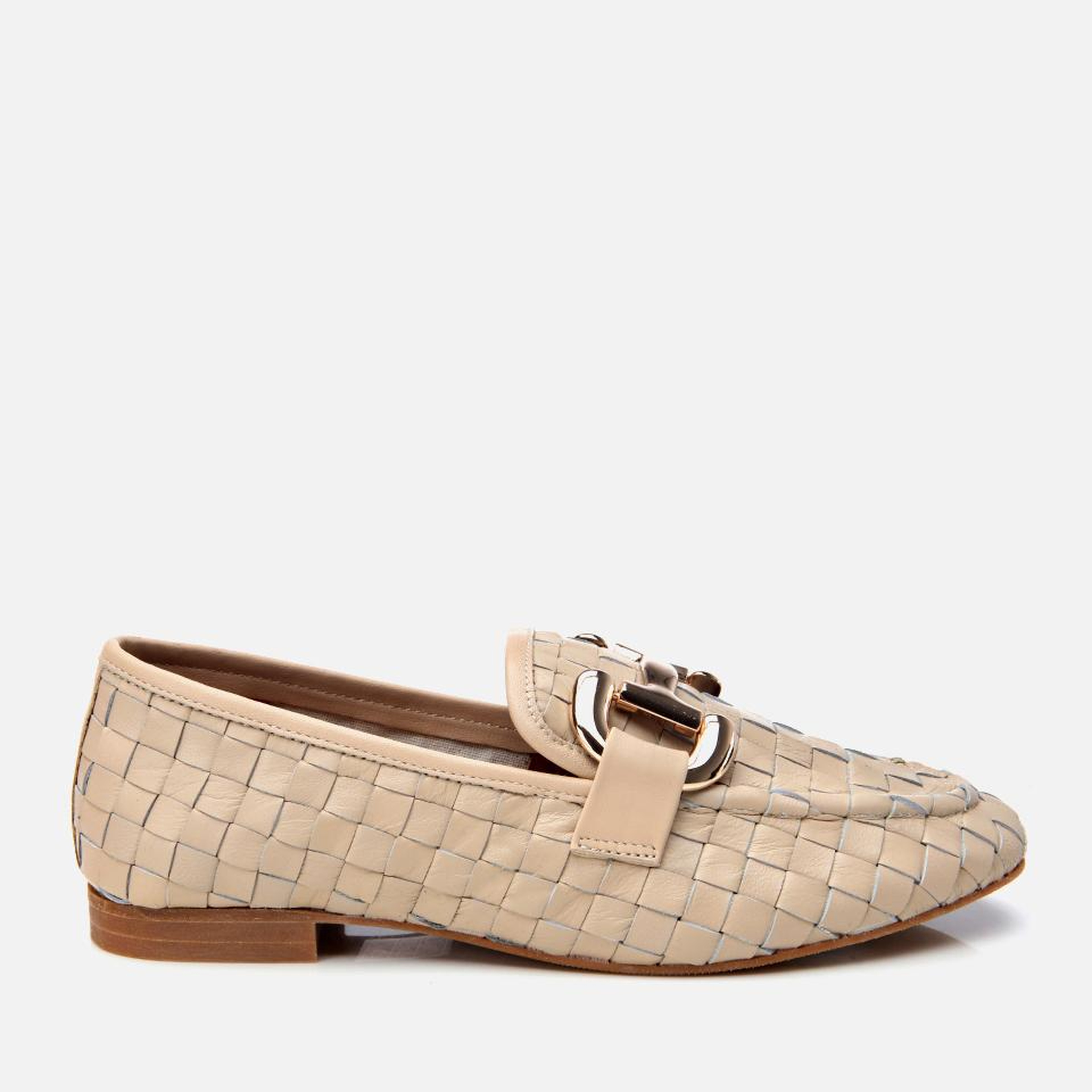 Kadın Deri Bej Örgü Detaylı Tokalı Klasik Loafer