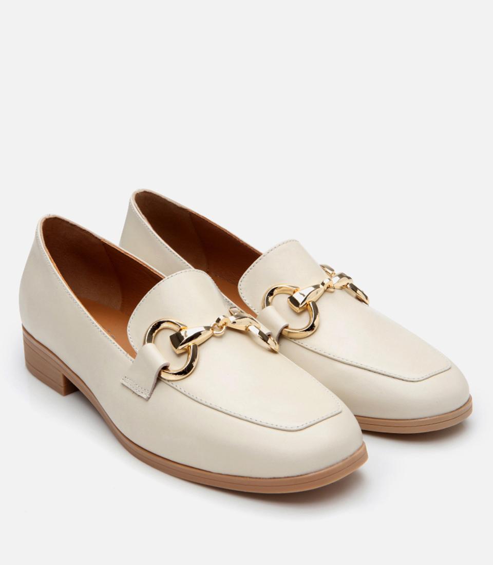 Kadın Deri Ekru Tokalı Klasik Loafer
