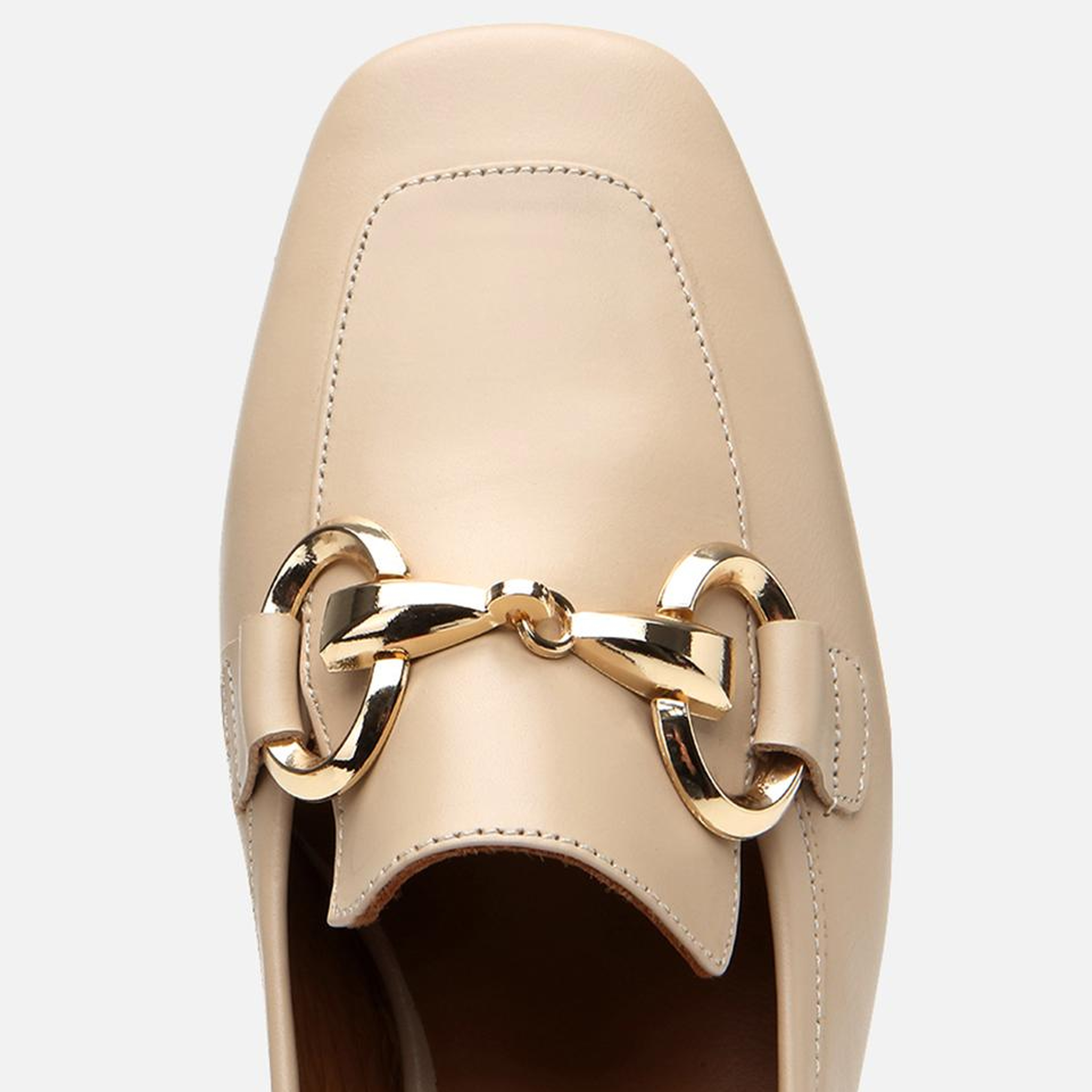 Kadın Deri Bej Tokalı Kalın Topuklu Klasik Loafer
