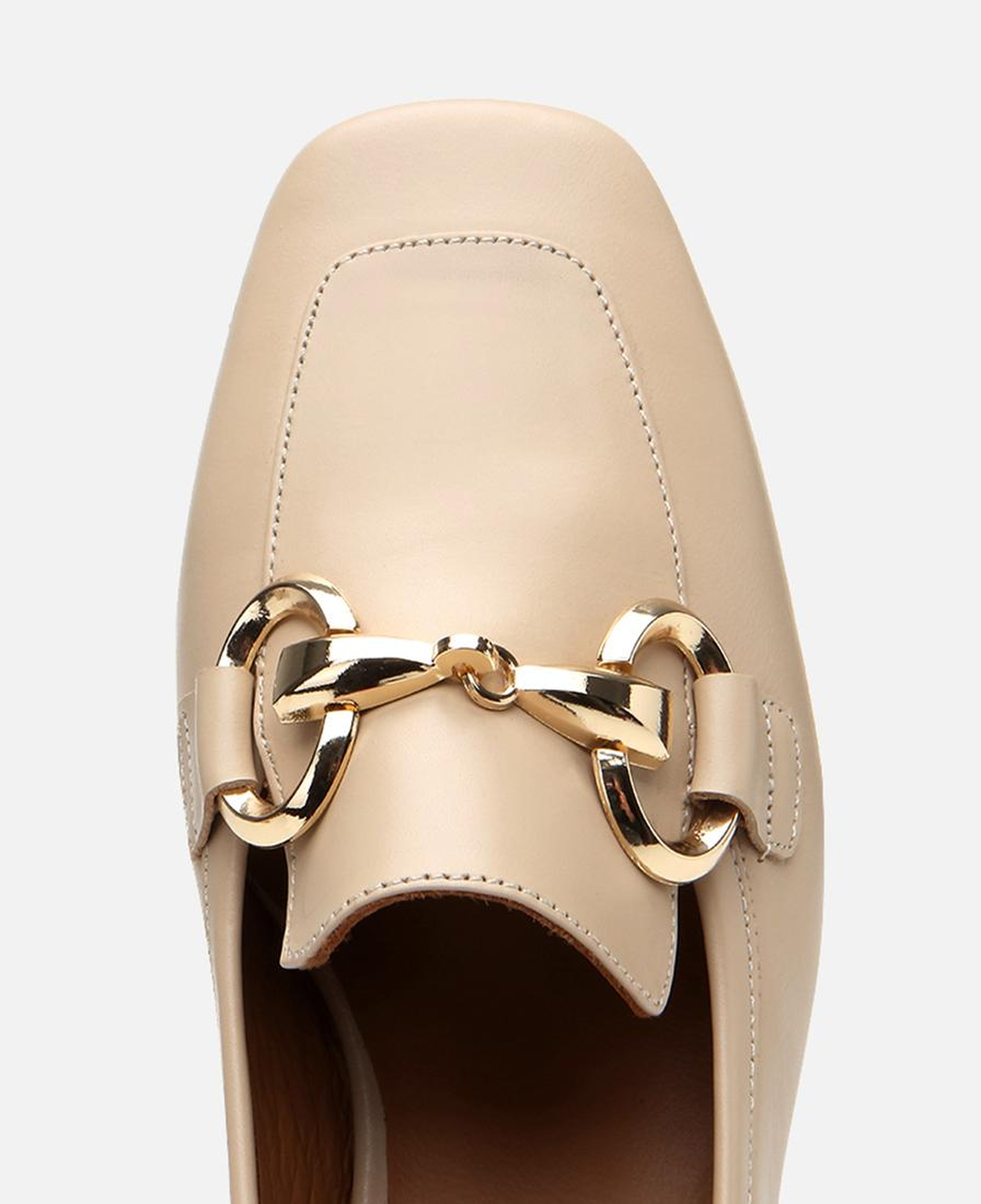Kadın Deri Bej Tokalı Kalın Topuklu Klasik Loafer