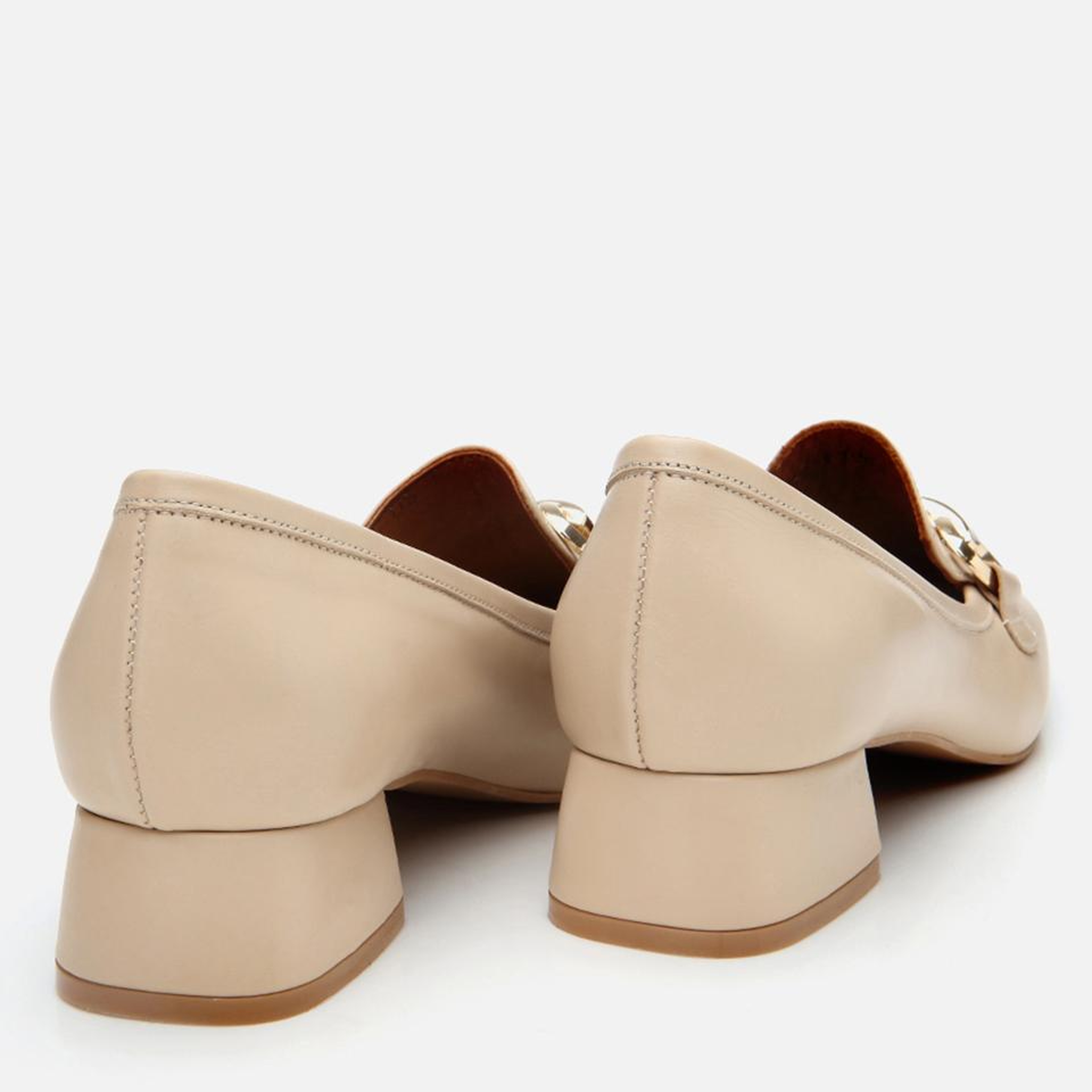 Kadın Deri Bej Tokalı Kalın Topuklu Klasik Loafer