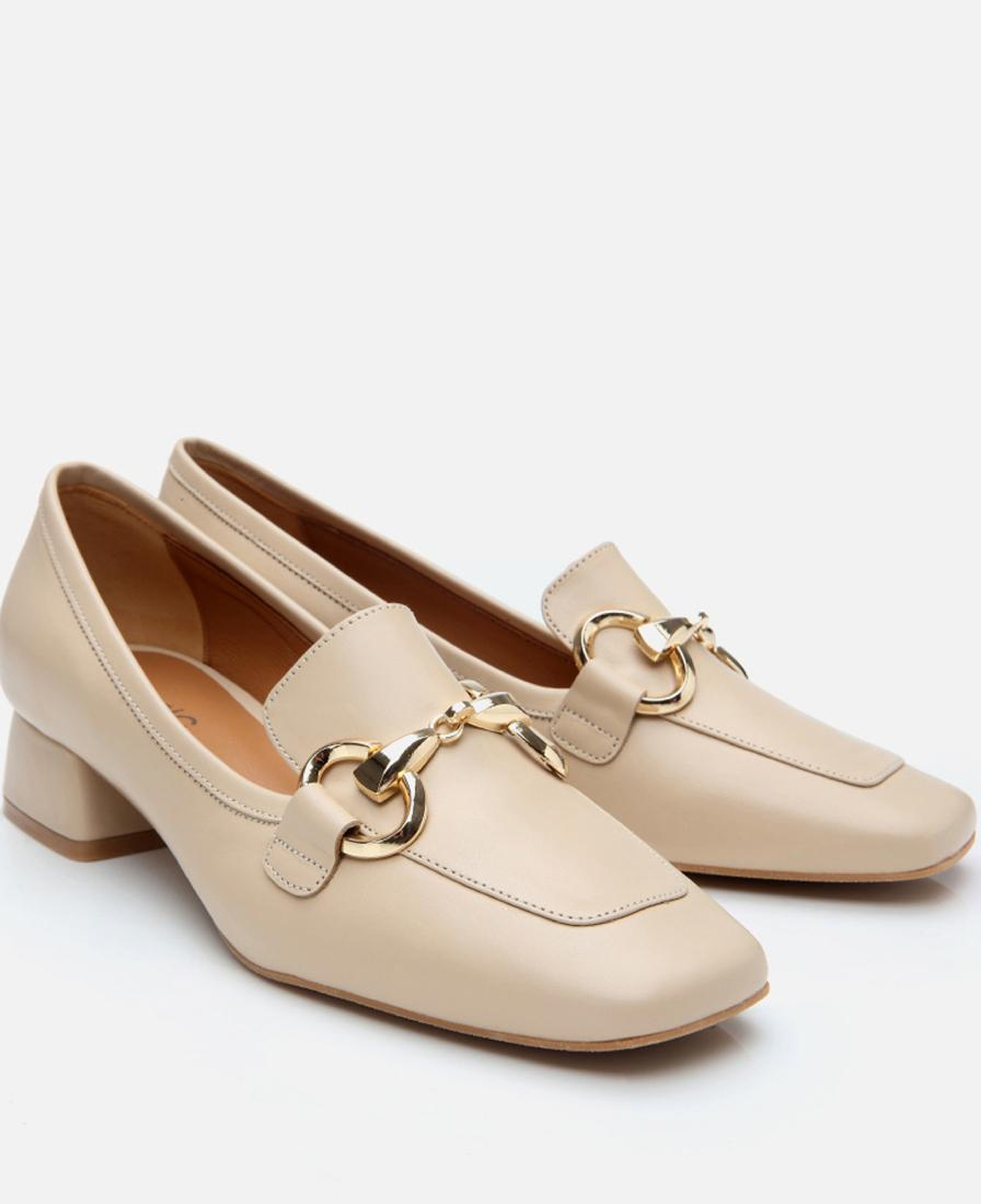 Kadın Deri Bej Tokalı Kalın Topuklu Klasik Loafer