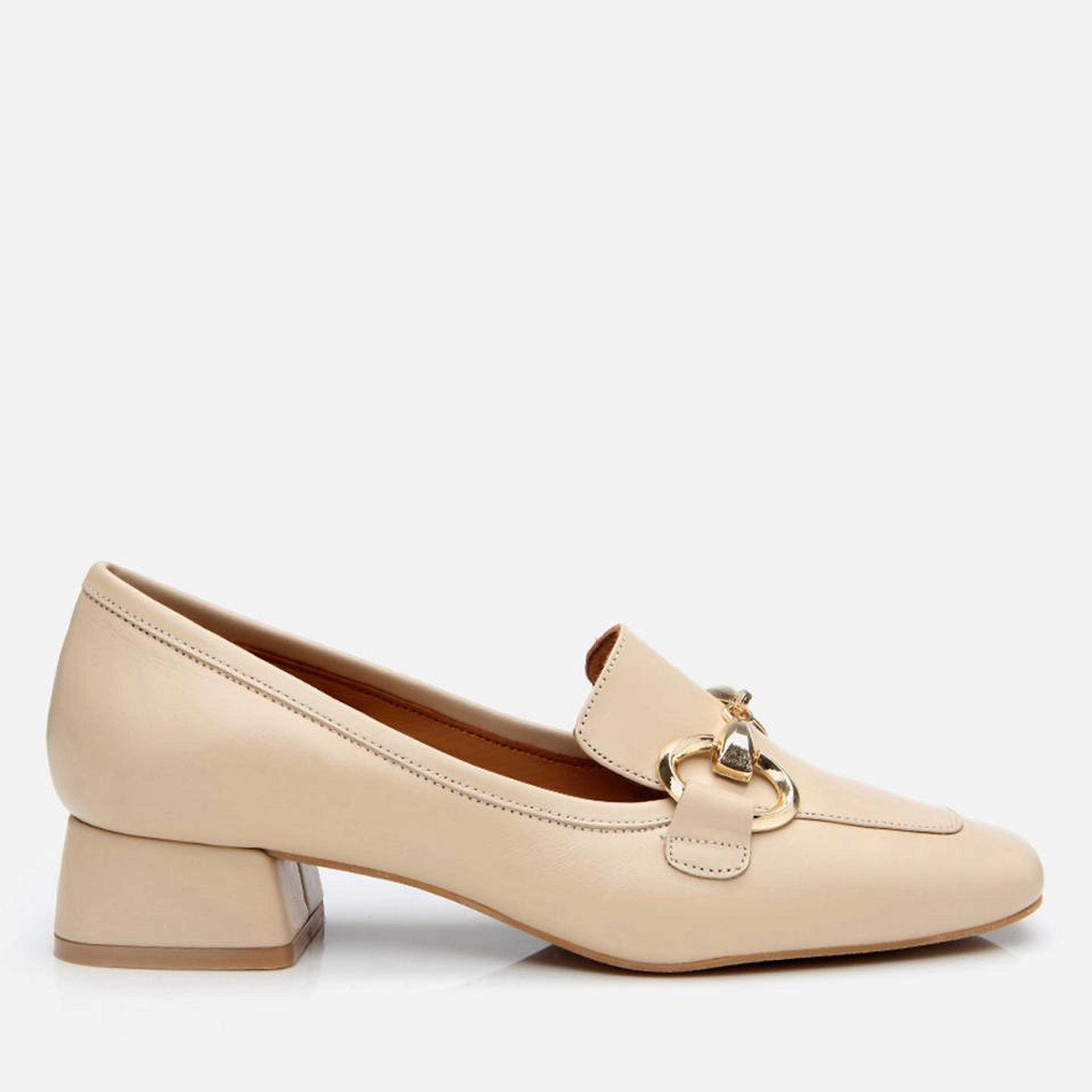Kadın Deri Bej Tokalı Kalın Topuklu Klasik Loafer