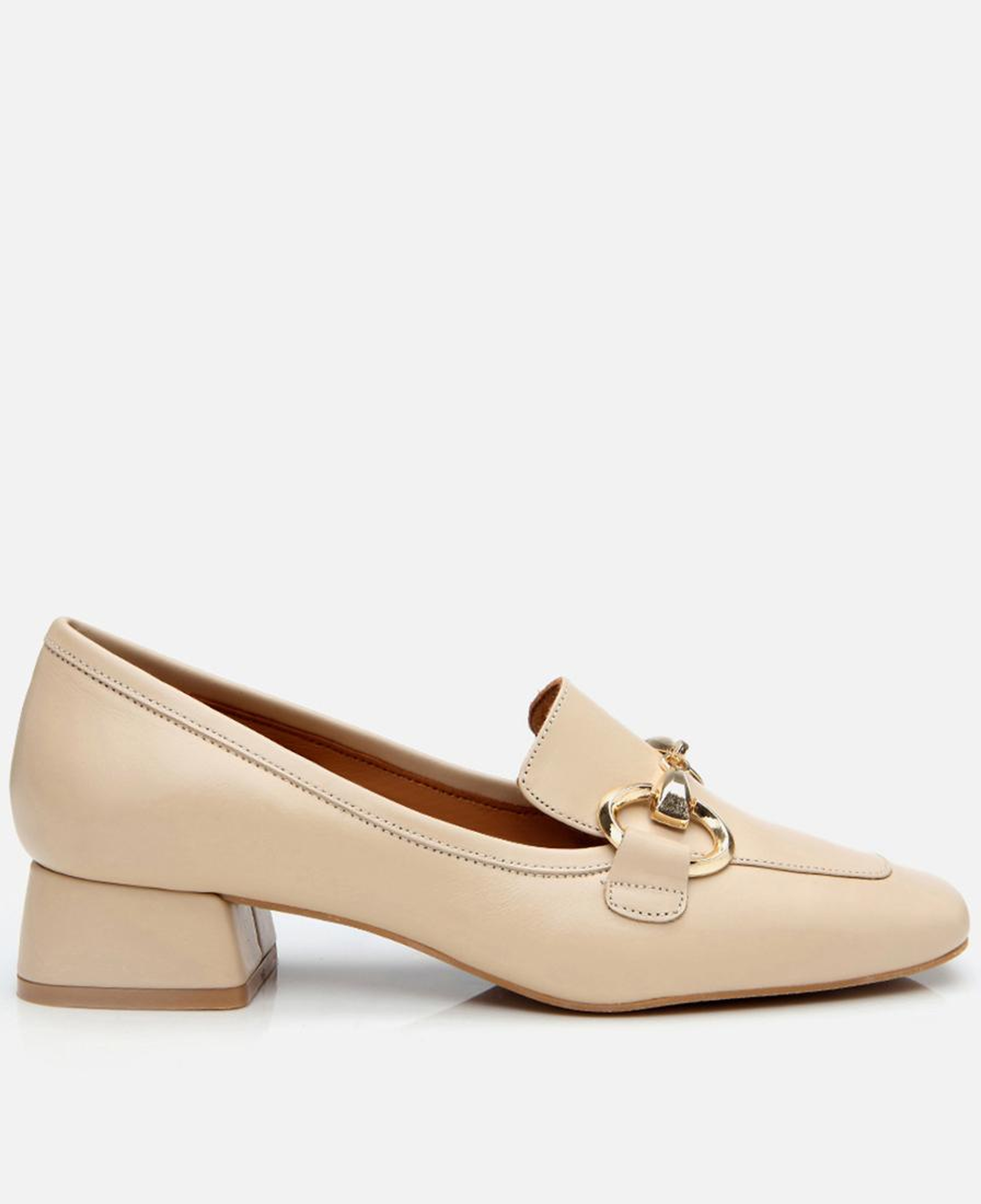 Kadın Deri Bej Tokalı Kalın Topuklu Klasik Loafer