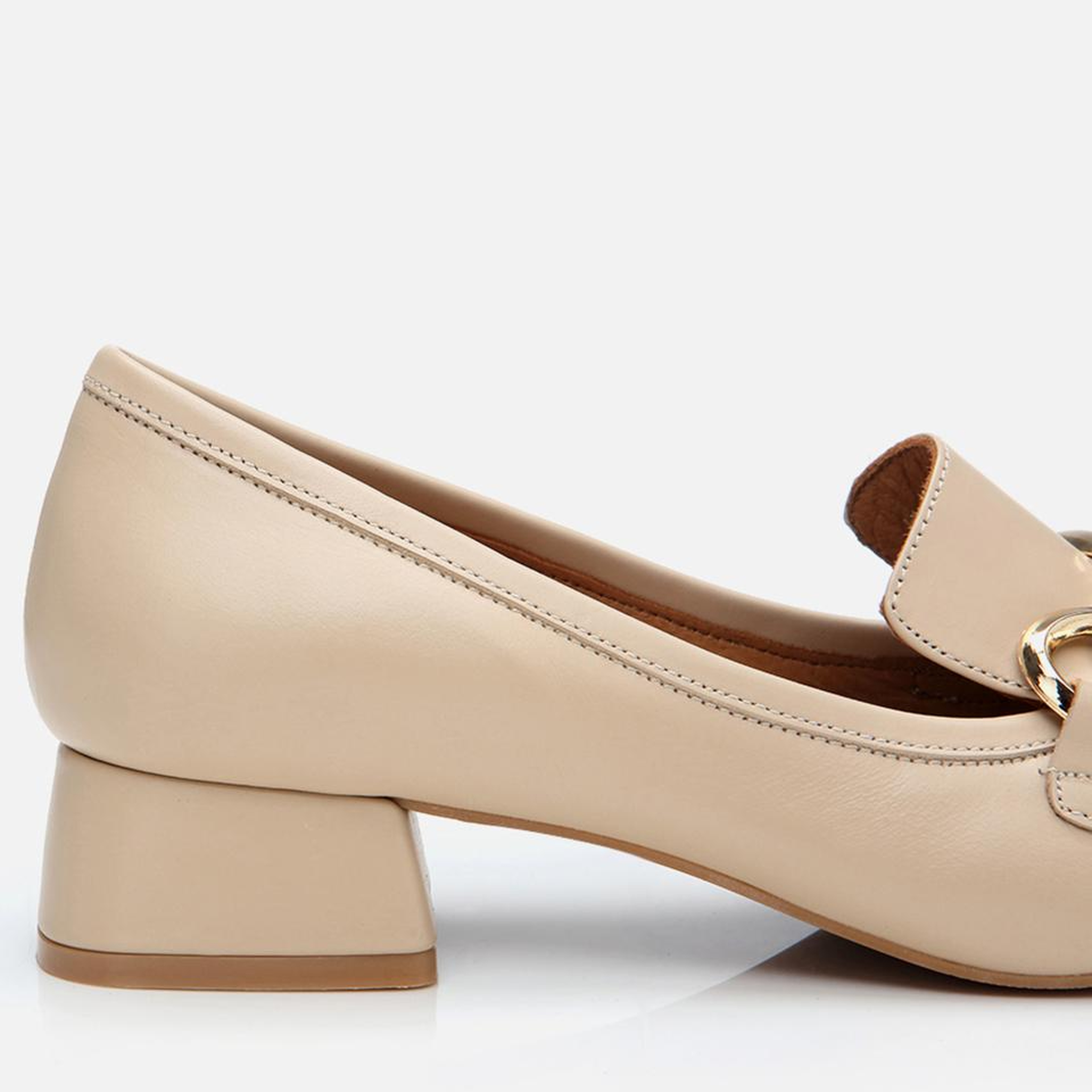 Kadın Deri Bej Tokalı Kalın Topuklu Klasik Loafer