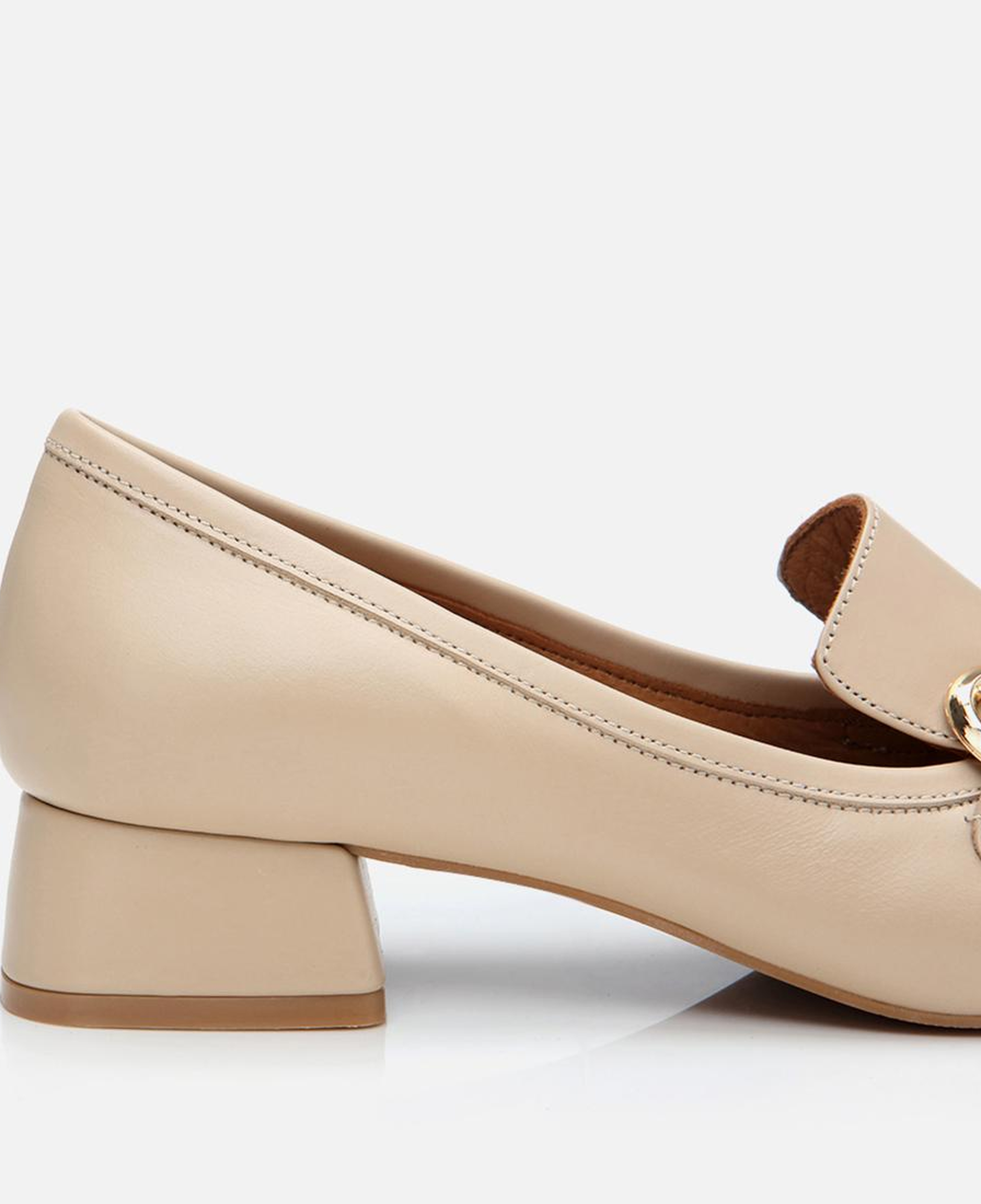 Kadın Deri Bej Tokalı Kalın Topuklu Klasik Loafer