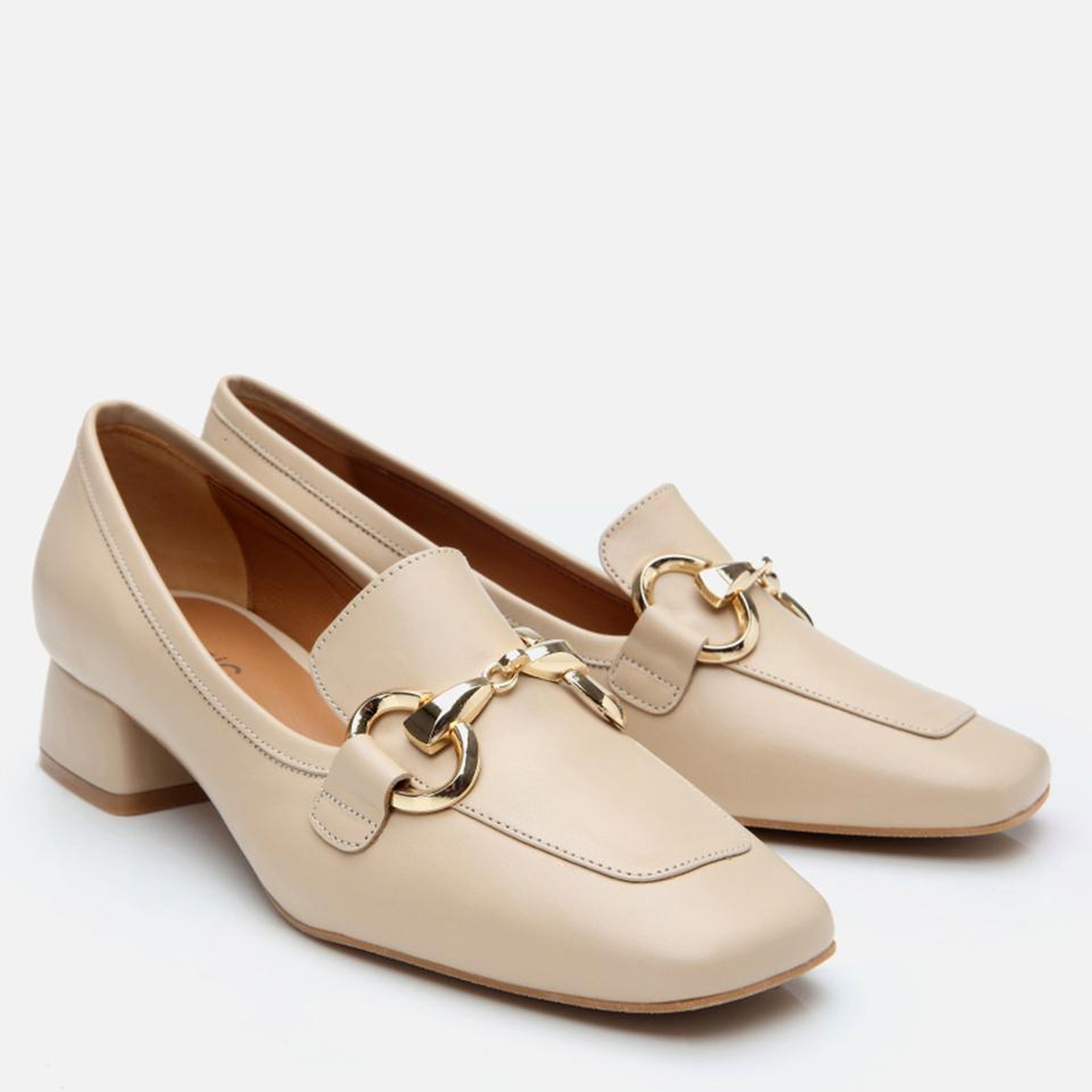 Kadın Deri Bej Tokalı Kalın Topuklu Klasik Loafer