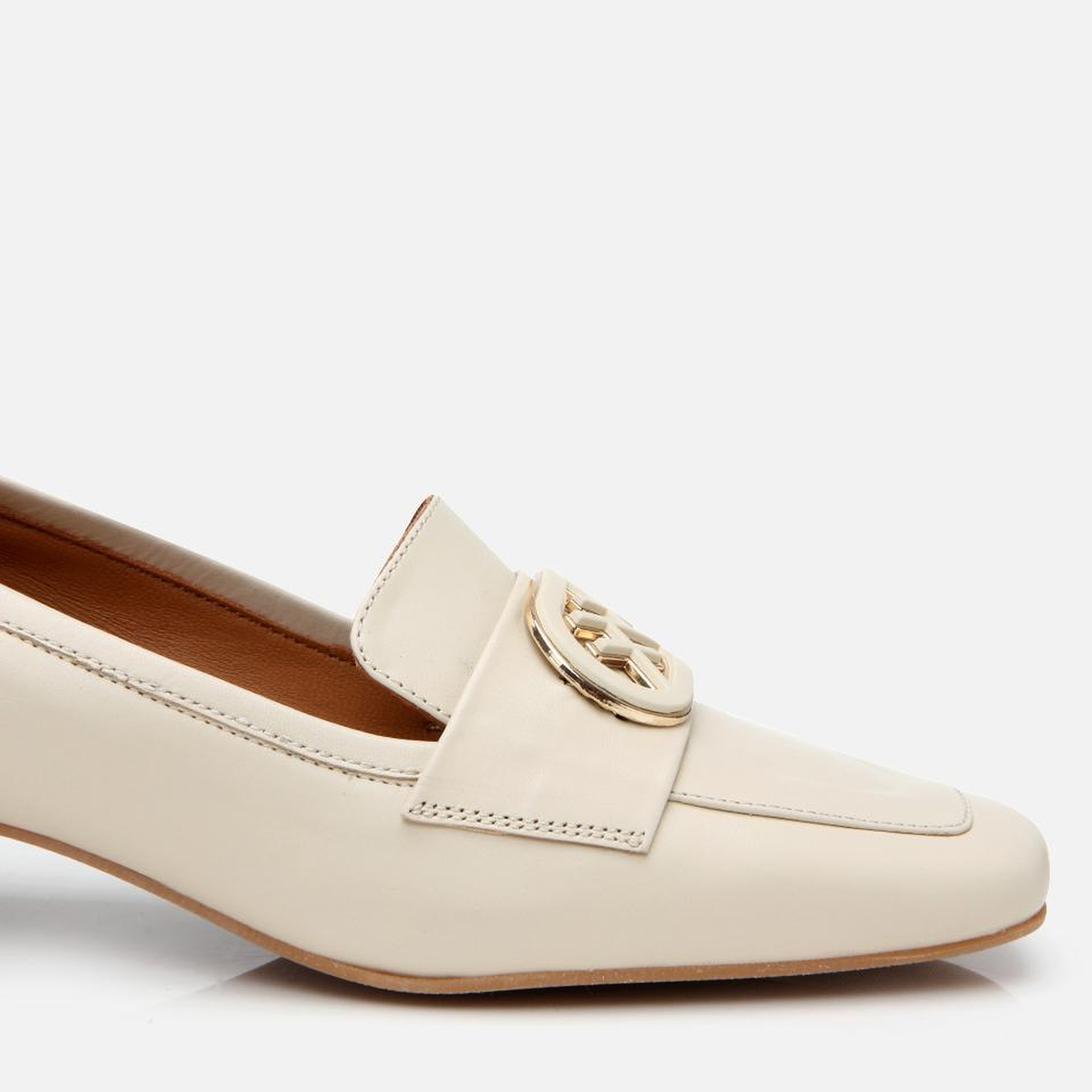 Kadın Deri Ekru Tokalı Kalın Topuklu Klasik Loafer