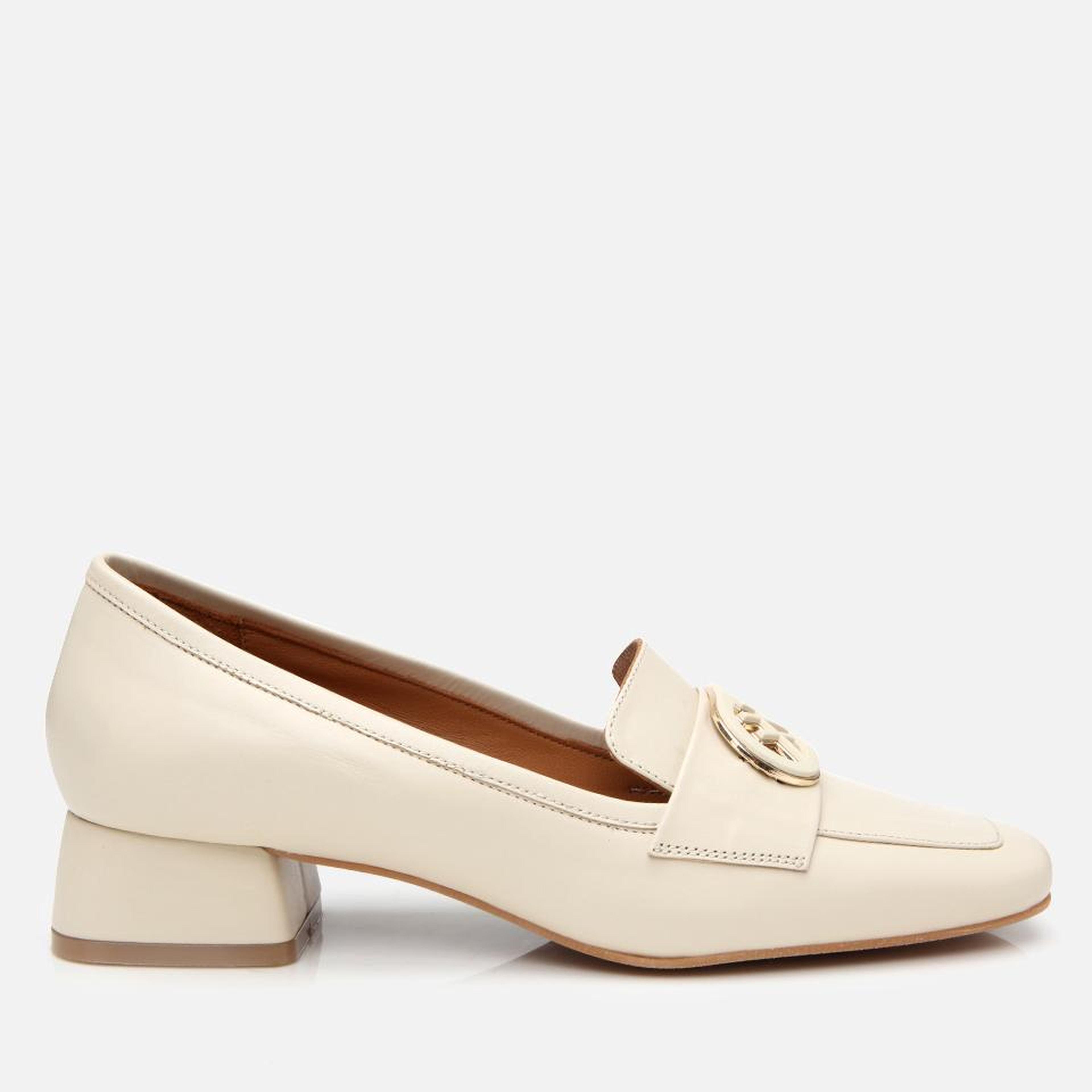 Kadın Deri Ekru Tokalı Kalın Topuklu Klasik Loafer
