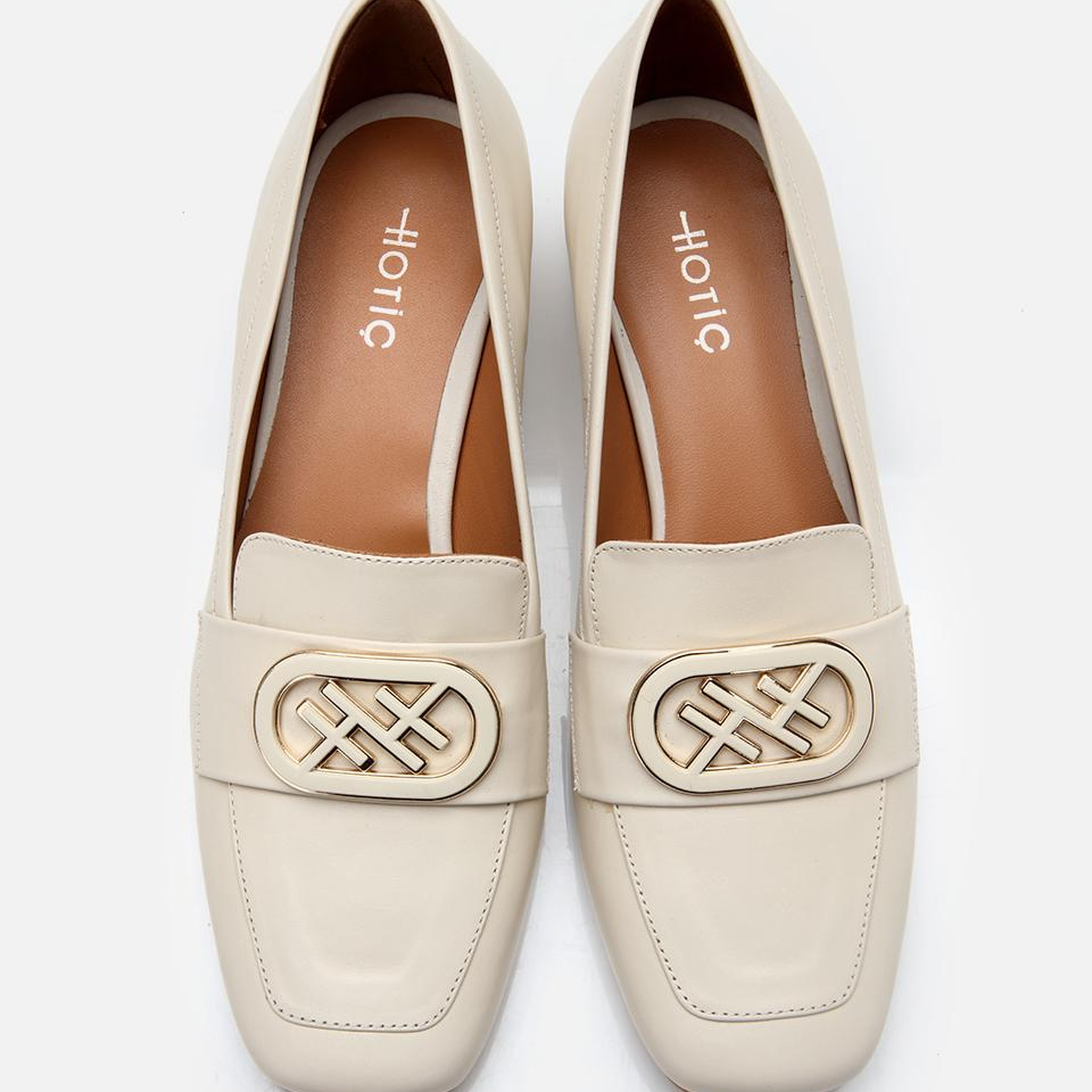 Kadın Deri Ekru Tokalı Kalın Topuklu Klasik Loafer