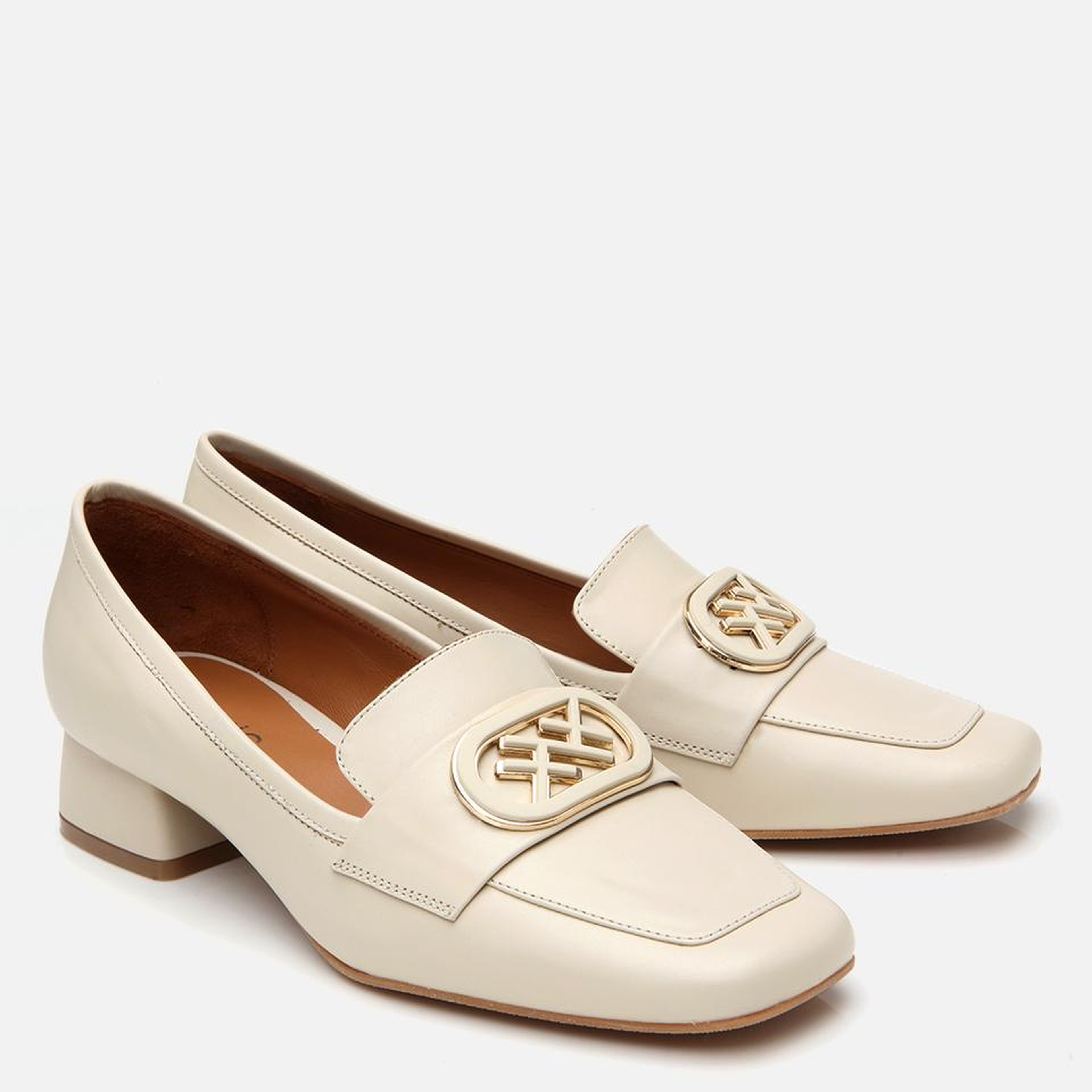 Kadın Deri Ekru Tokalı Kalın Topuklu Klasik Loafer