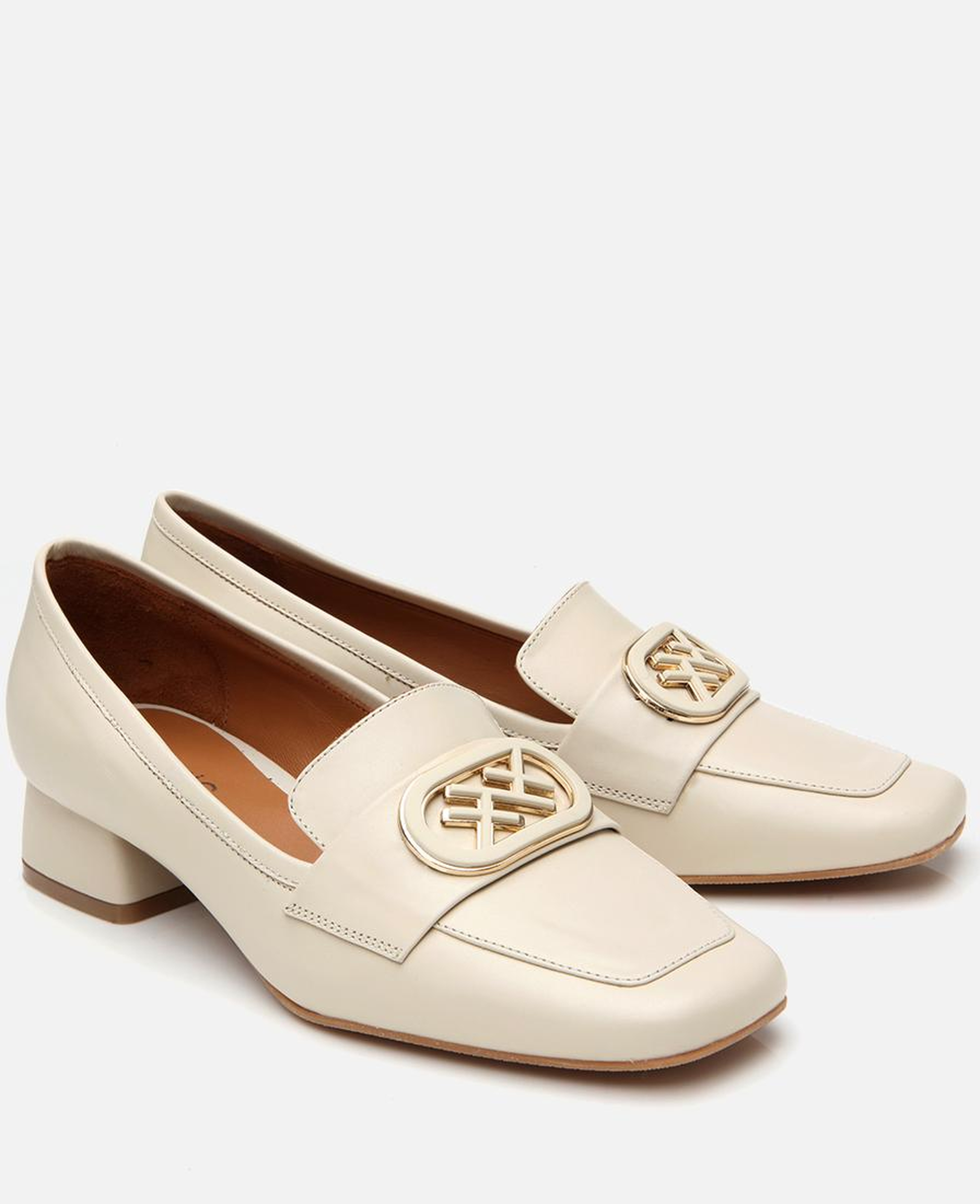Kadın Deri Ekru Tokalı Kalın Topuklu Klasik Loafer