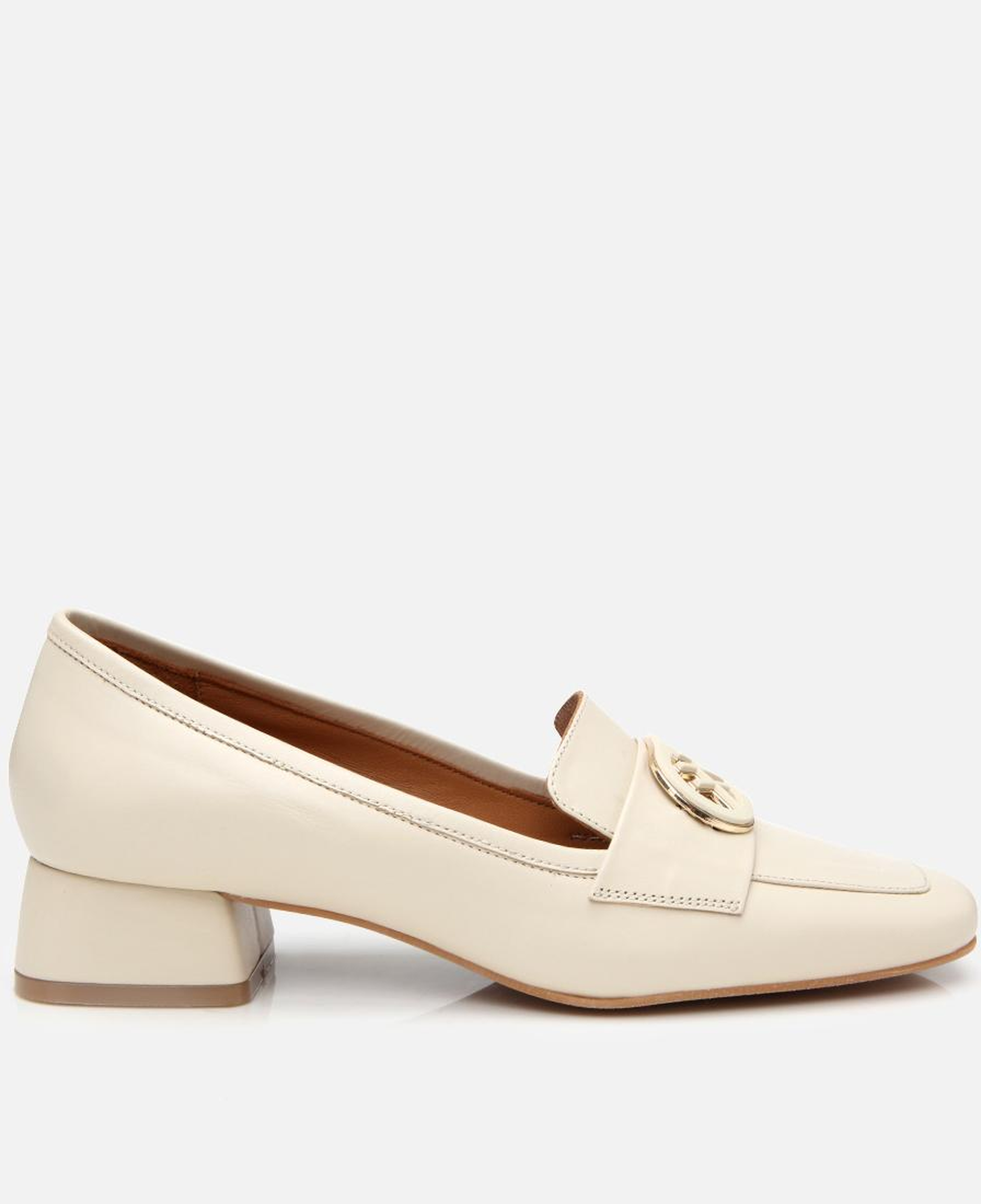 Kadın Deri Ekru Tokalı Kalın Topuklu Klasik Loafer