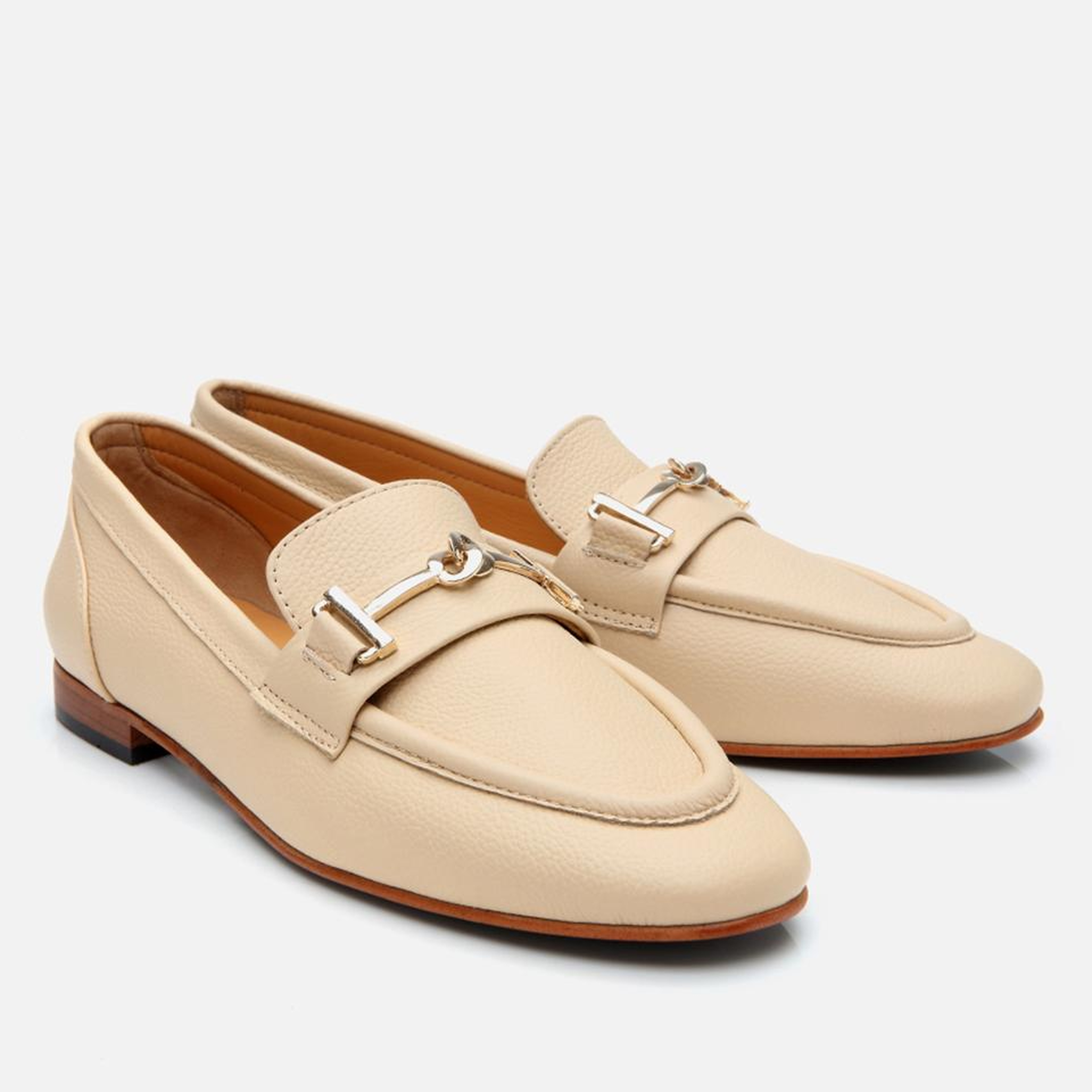 Kadın Deri Bej Tokalı Klasik Loafer