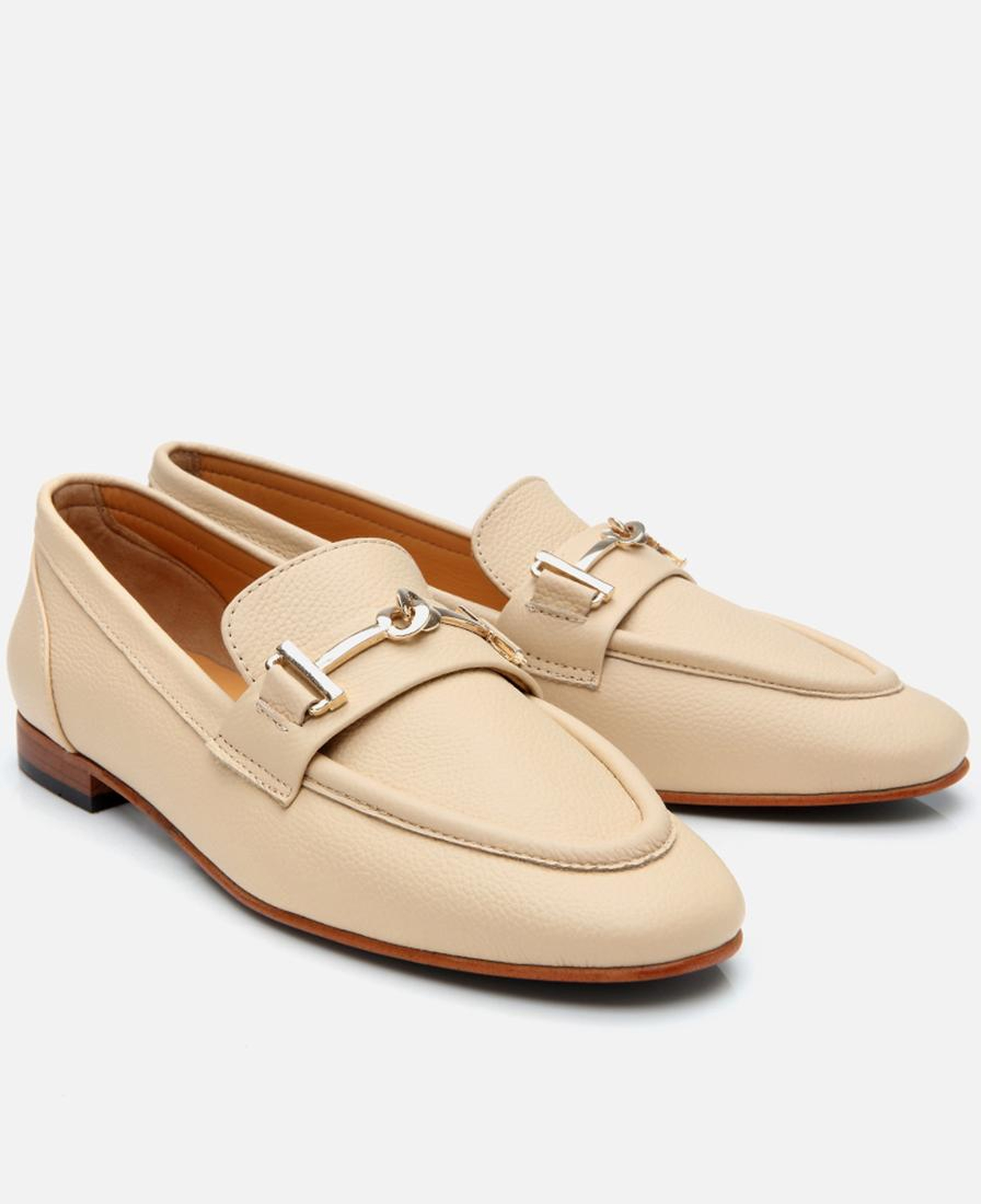 Kadın Deri Bej Tokalı Klasik Loafer