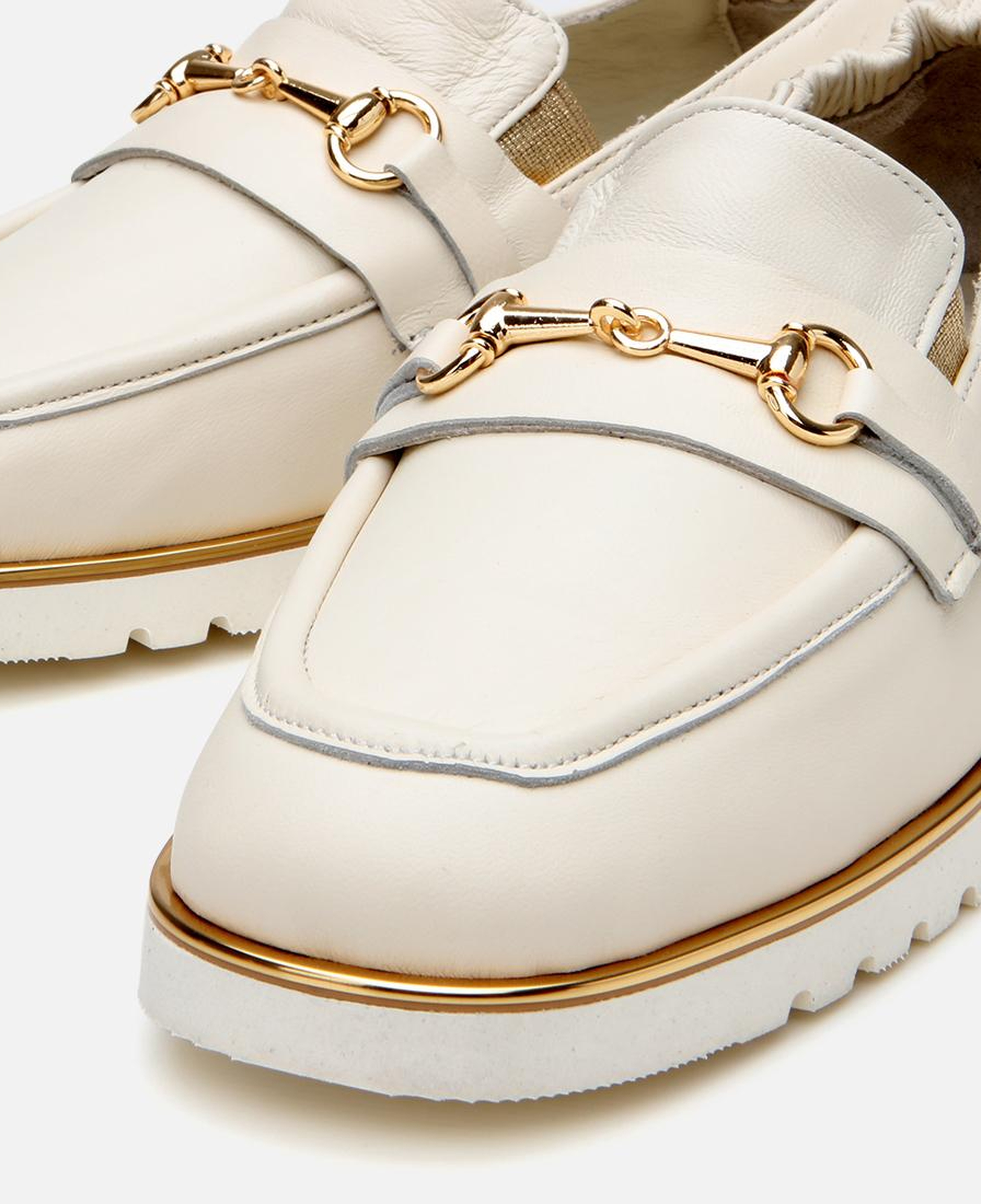 Kadın Deri Ekru Lastik Detaylı Tokalı Günlük Loafer
