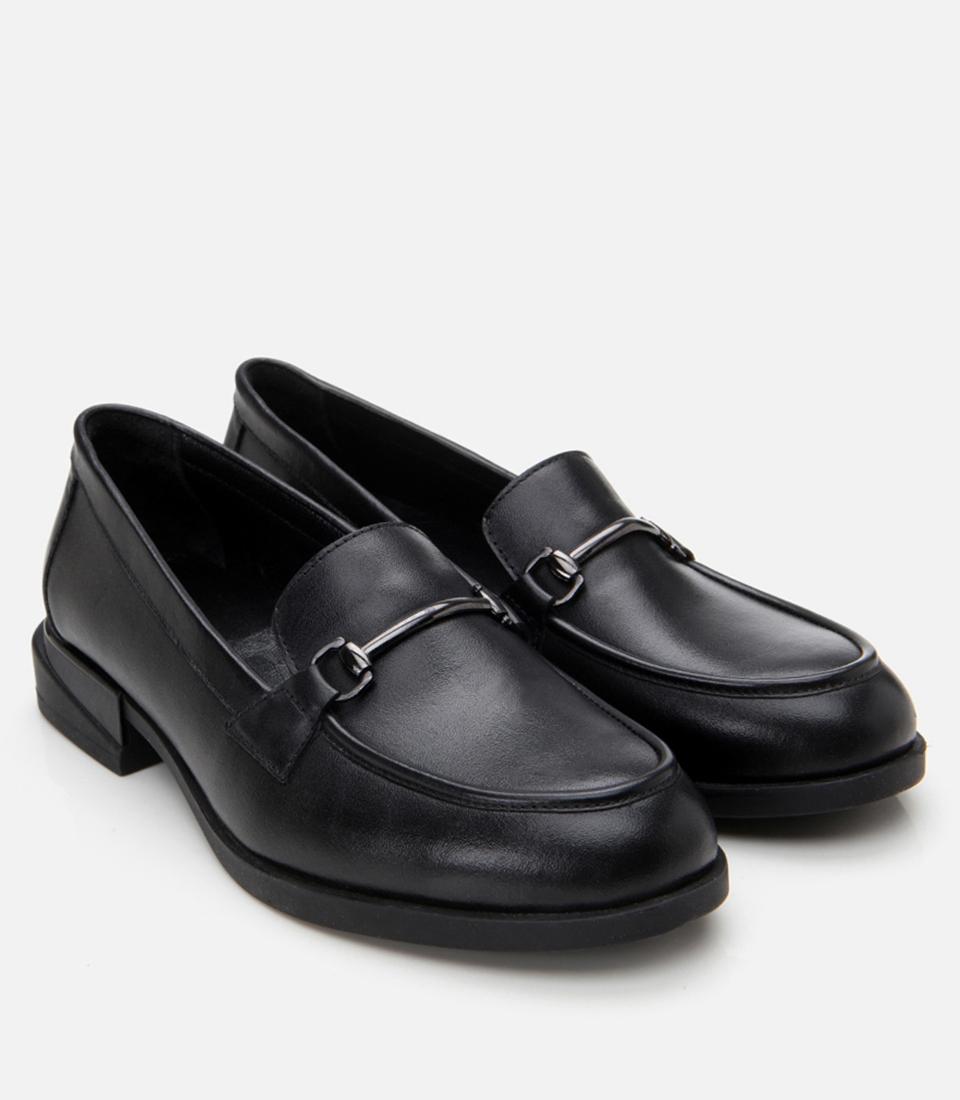 Kadın Deri Siyah Tokalı Klasik Loafer