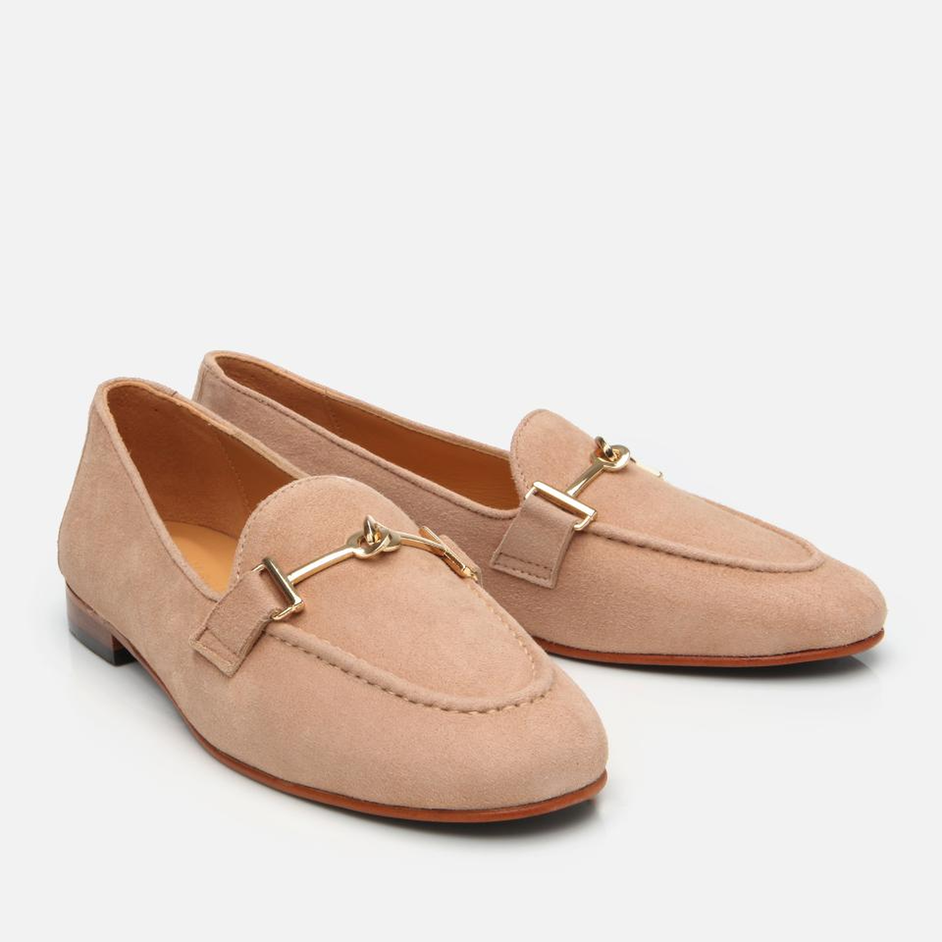 Kadın Süet Deri Bej Tokalı Klasik Loafer
