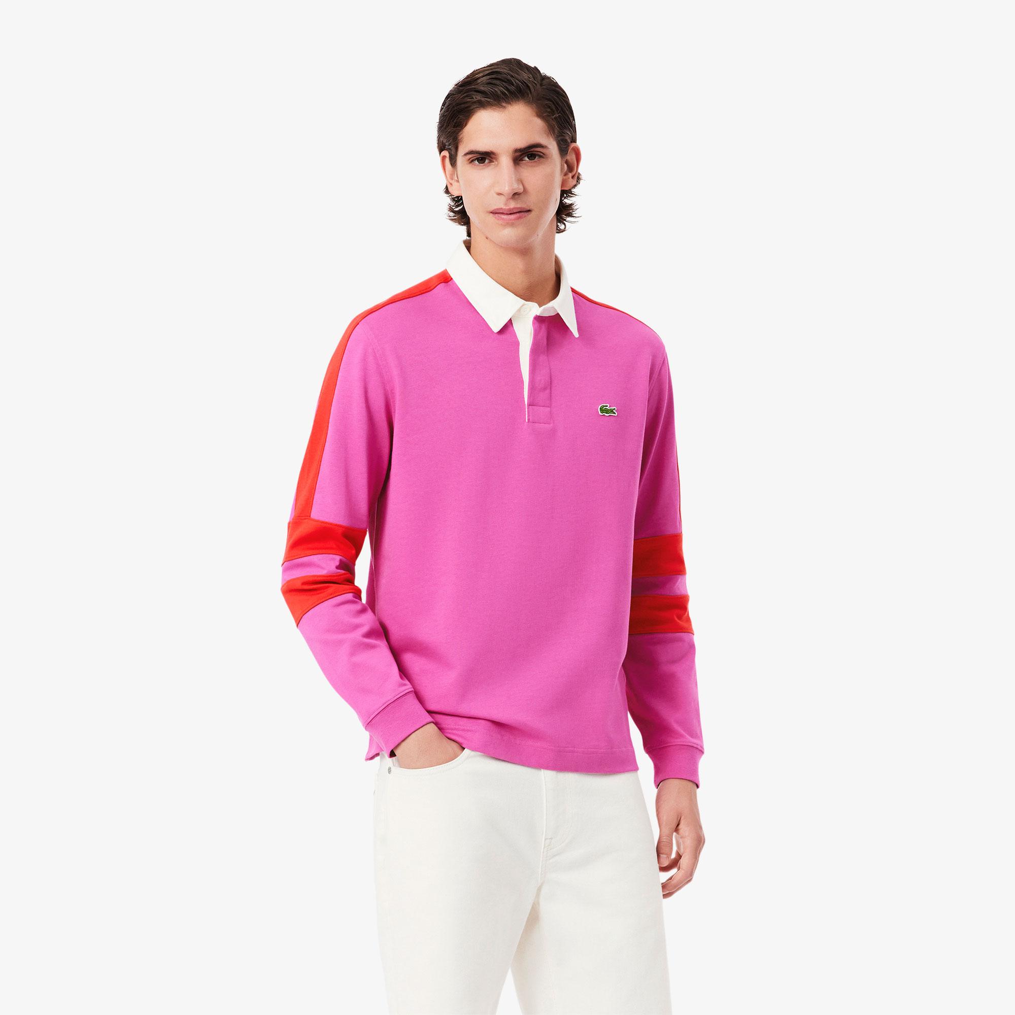 Lacoste Erkek Classic Fit Uzun Kollu Polo Yaka Renk Bloklu Pembe Rugby Polo