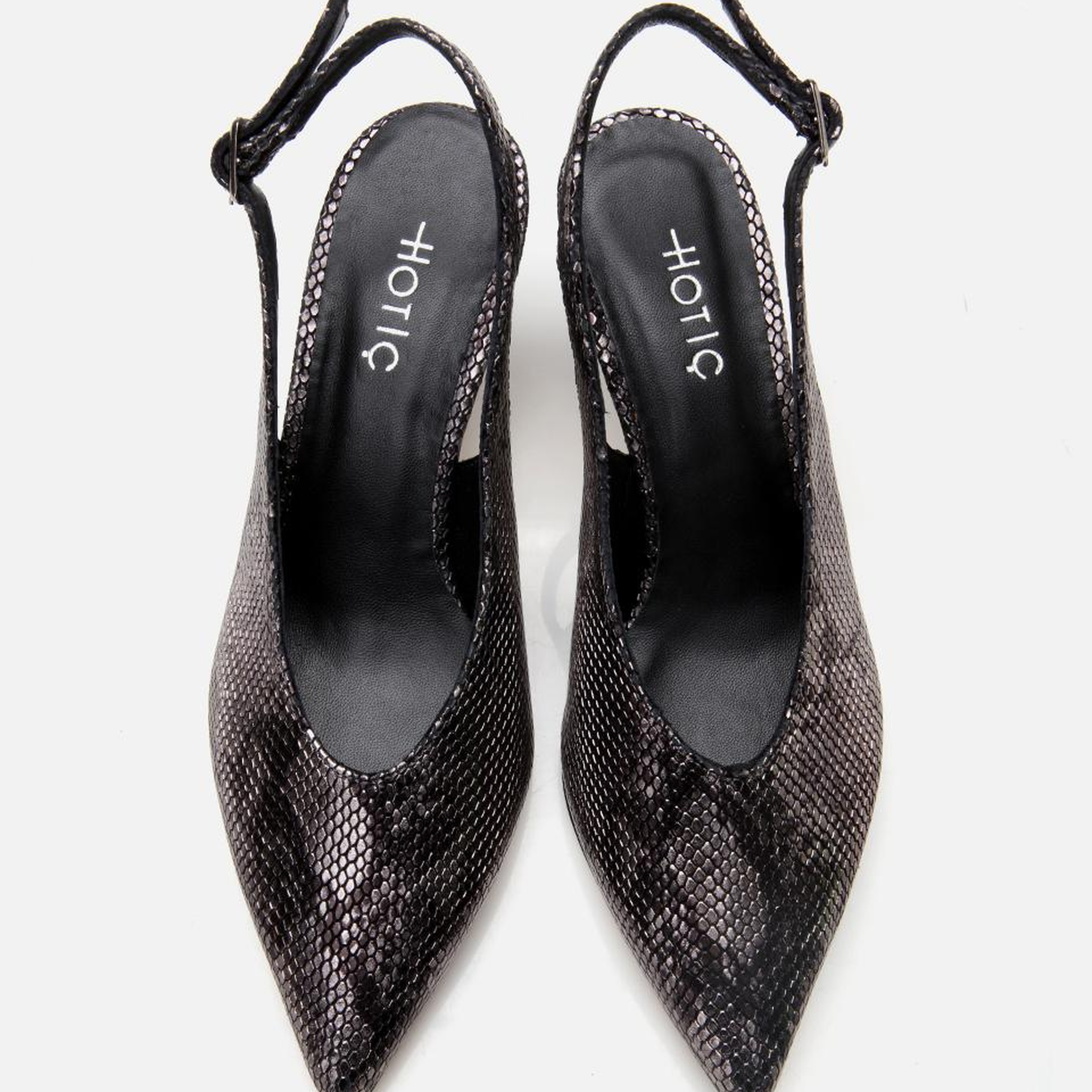 Kadın Deri Siyah Yılan Desenli Arkası Açık Topuklu Ayakkabı