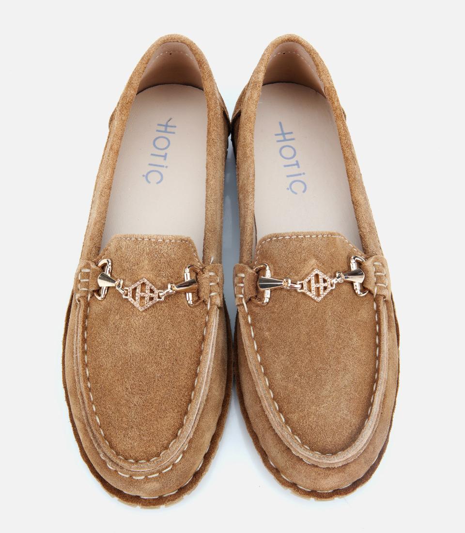 Kadın Süet Deri Taba Esnek Tabanlı Tokalı Günlük Loafer