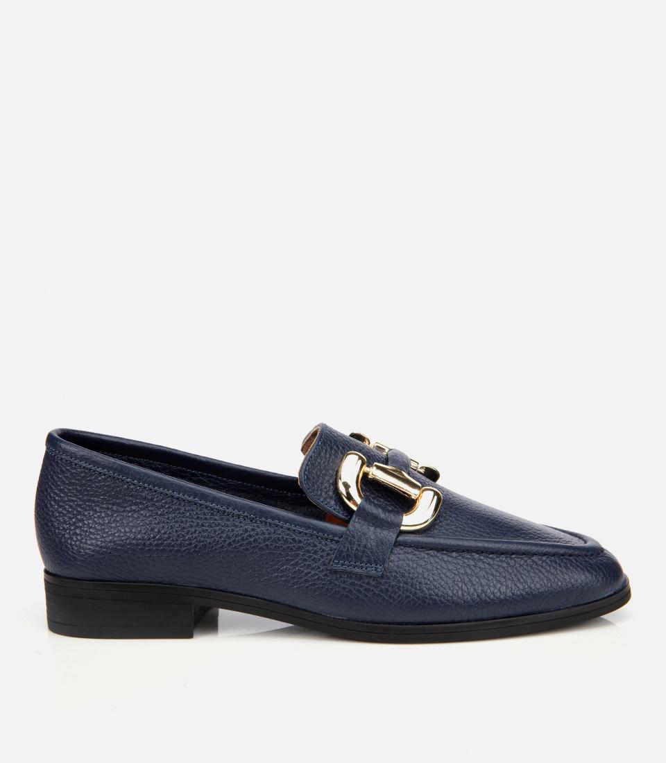 Kadın Deri Lacivert Tokalı Klasik Loafer
