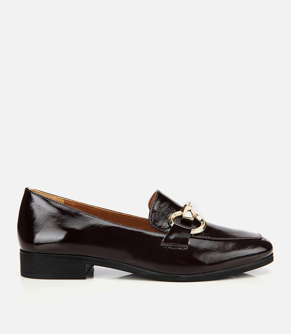 Kadın Rugan Deri Kahverengi Tokalı Klasik Loafer