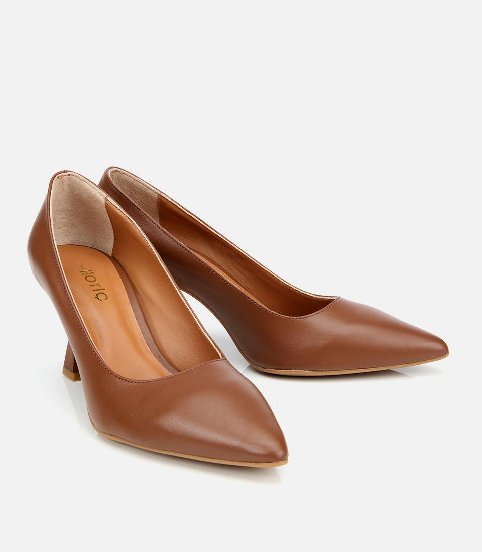 Kadın Deri Kahverengi Esnek Tabanlı İnce Topuklu Stiletto