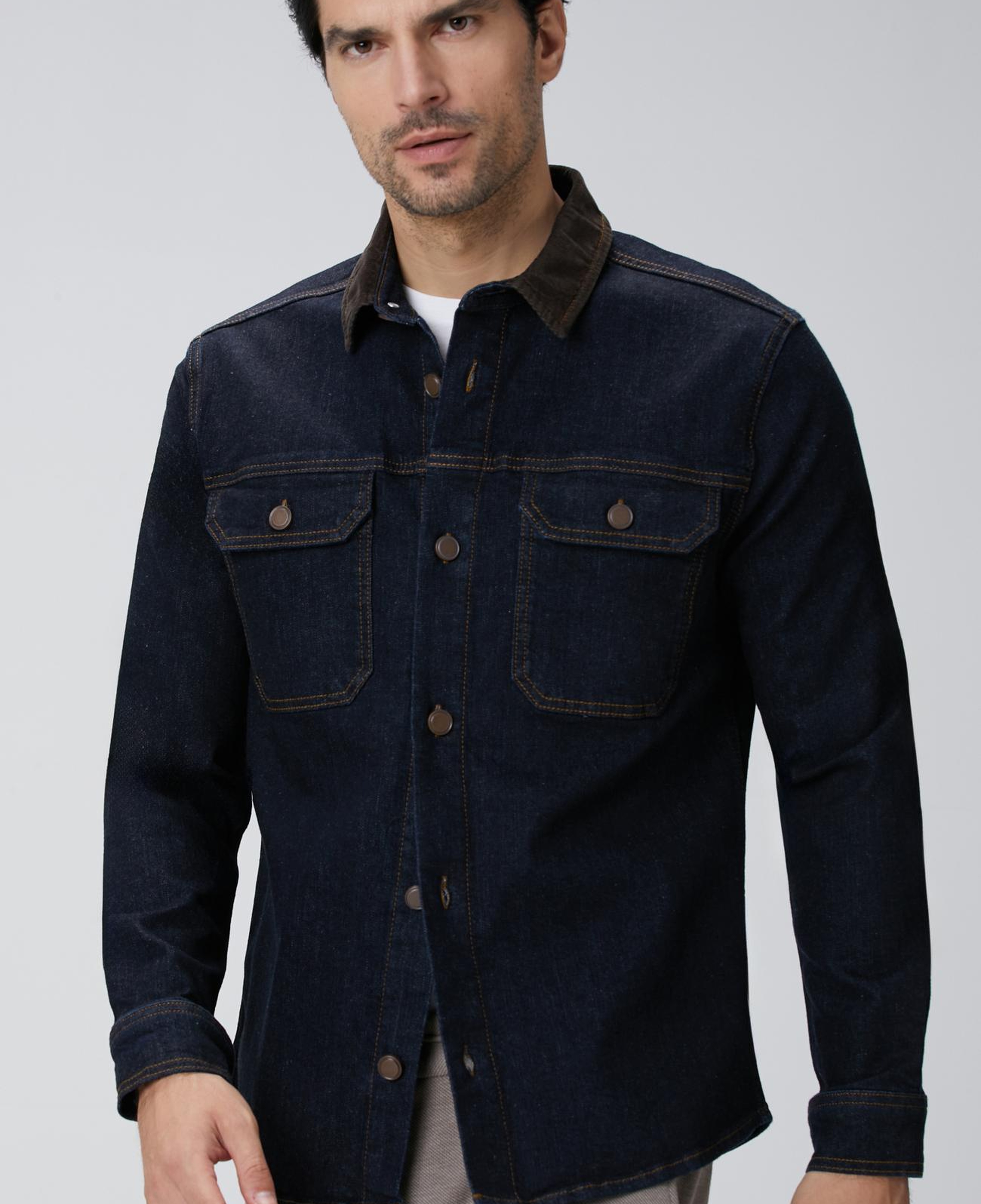 Network Erkek Lacivert Yakası Kadife Denim Gömlek