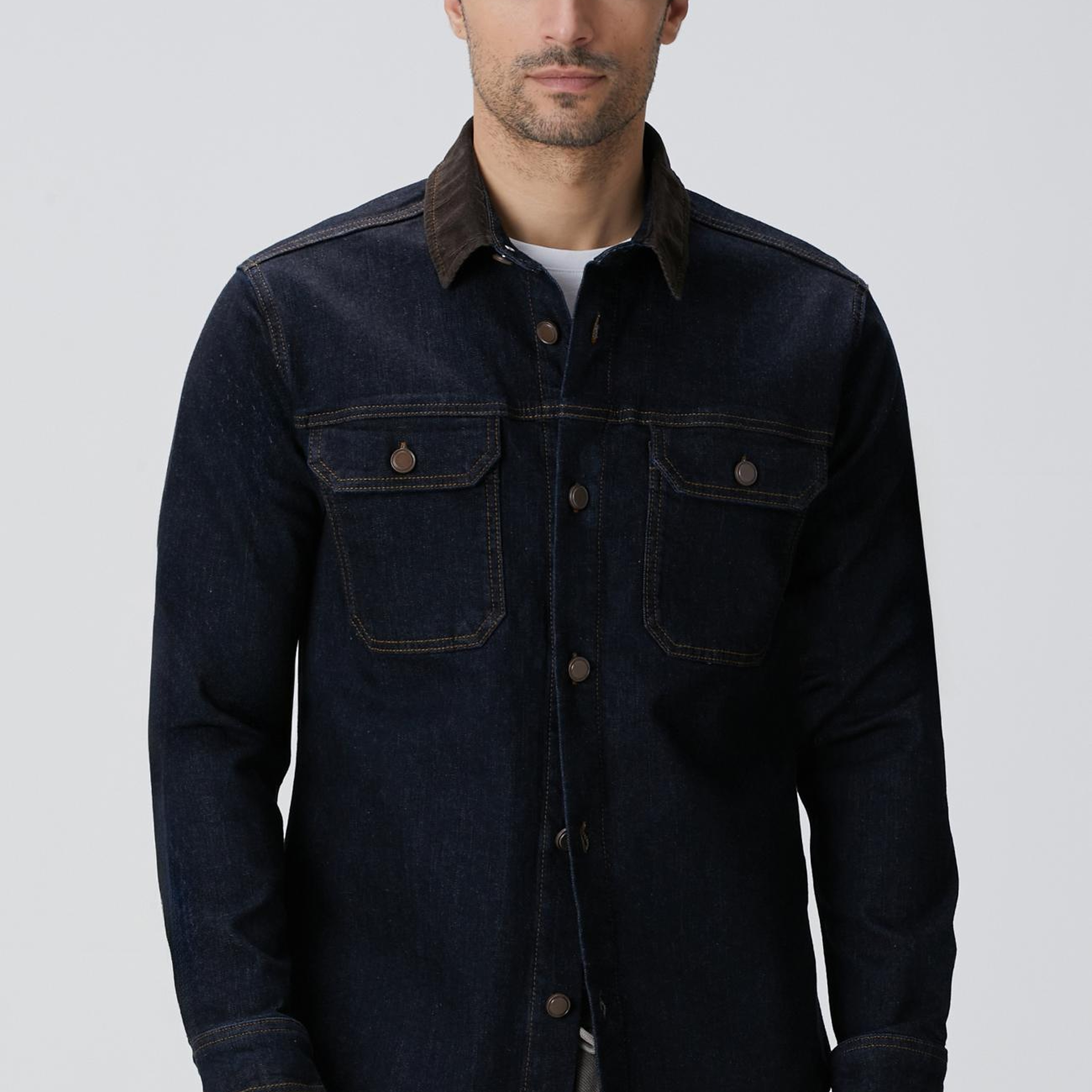 Network Erkek Lacivert Yakası Kadife Denim Gömlek