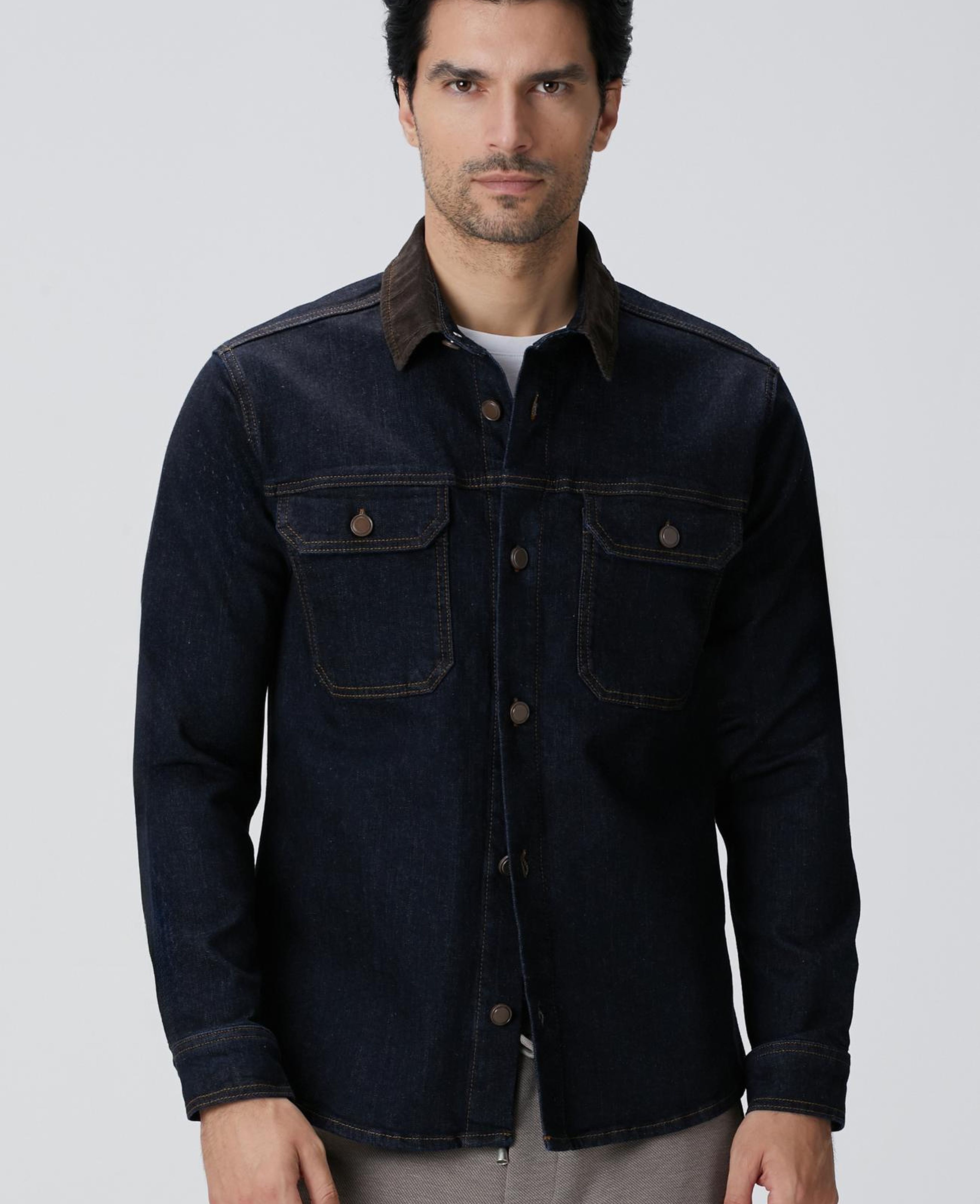Network Erkek Lacivert Yakası Kadife Denim Gömlek