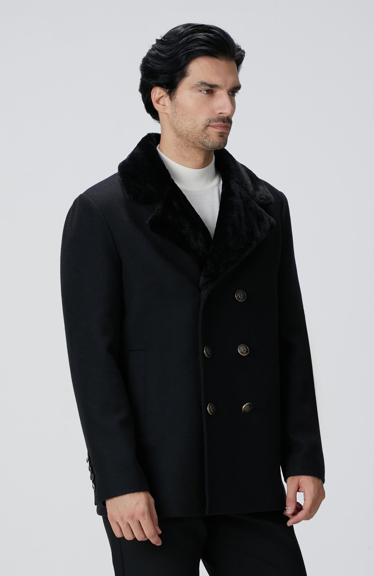 Network Erkek Siyah Kruvaze Yakası Kürklü Gemici Kaban