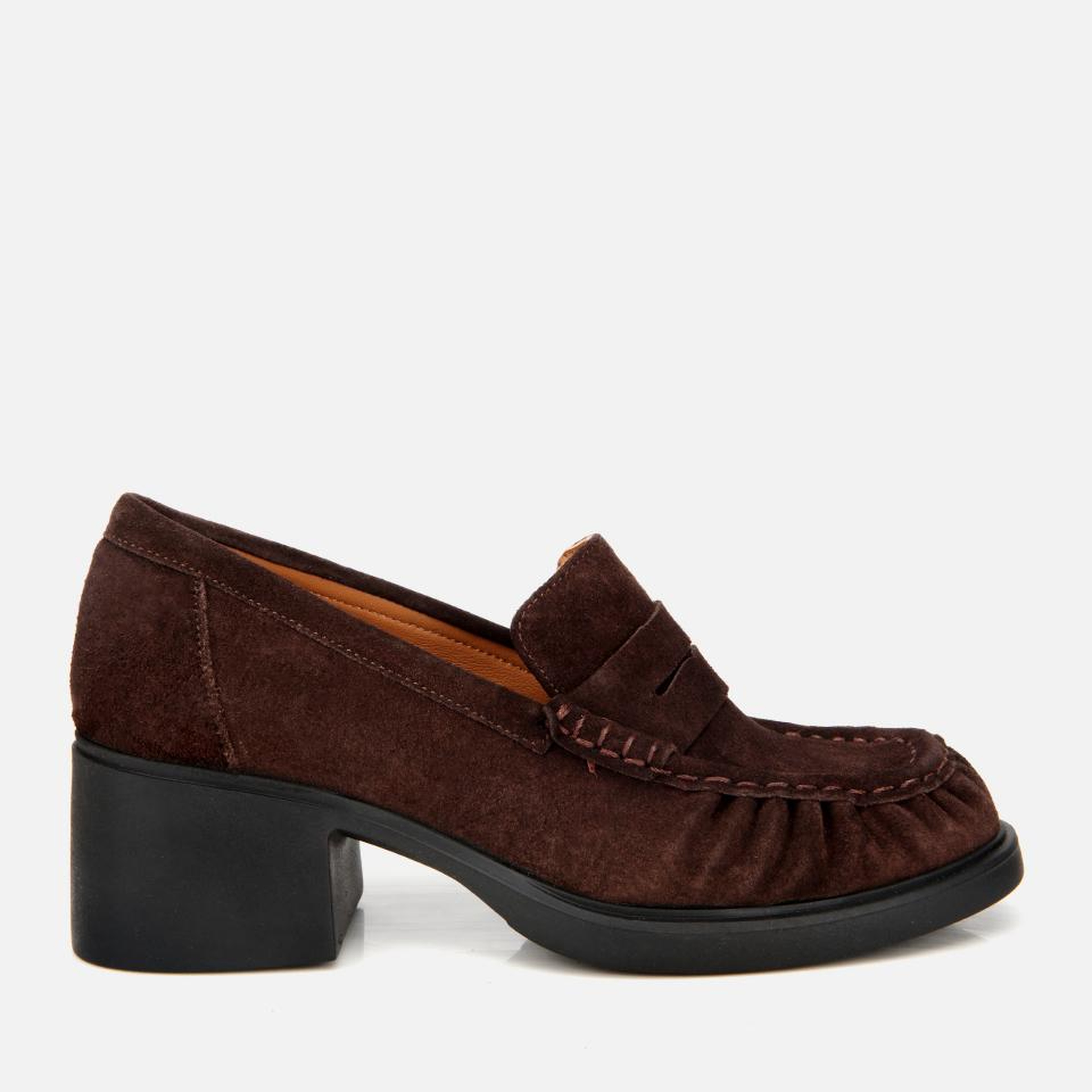 Kadın Süet Deri Kahverengi Kalın Topuklu Klasik Loafer