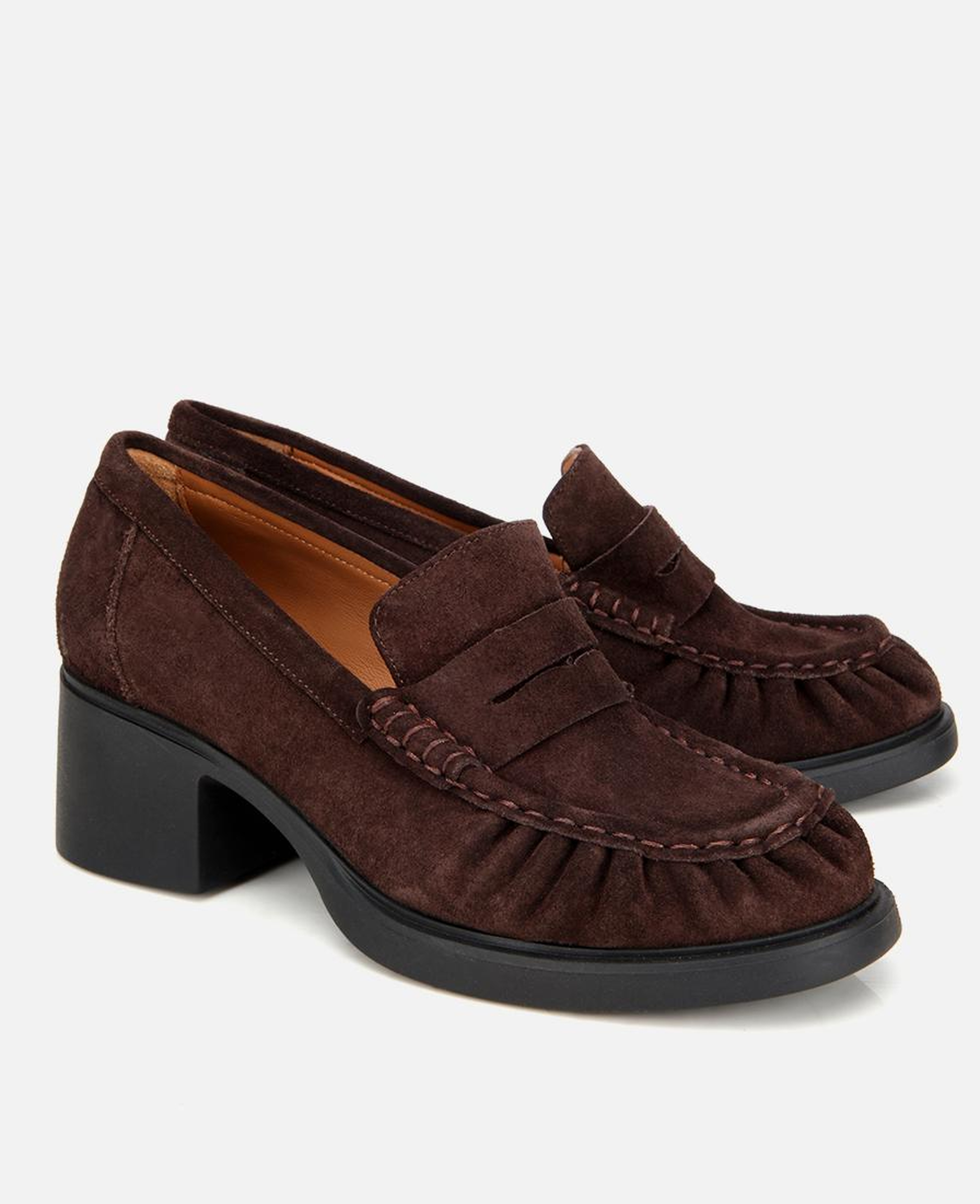 Kadın Süet Deri Kahverengi Kalın Topuklu Klasik Loafer