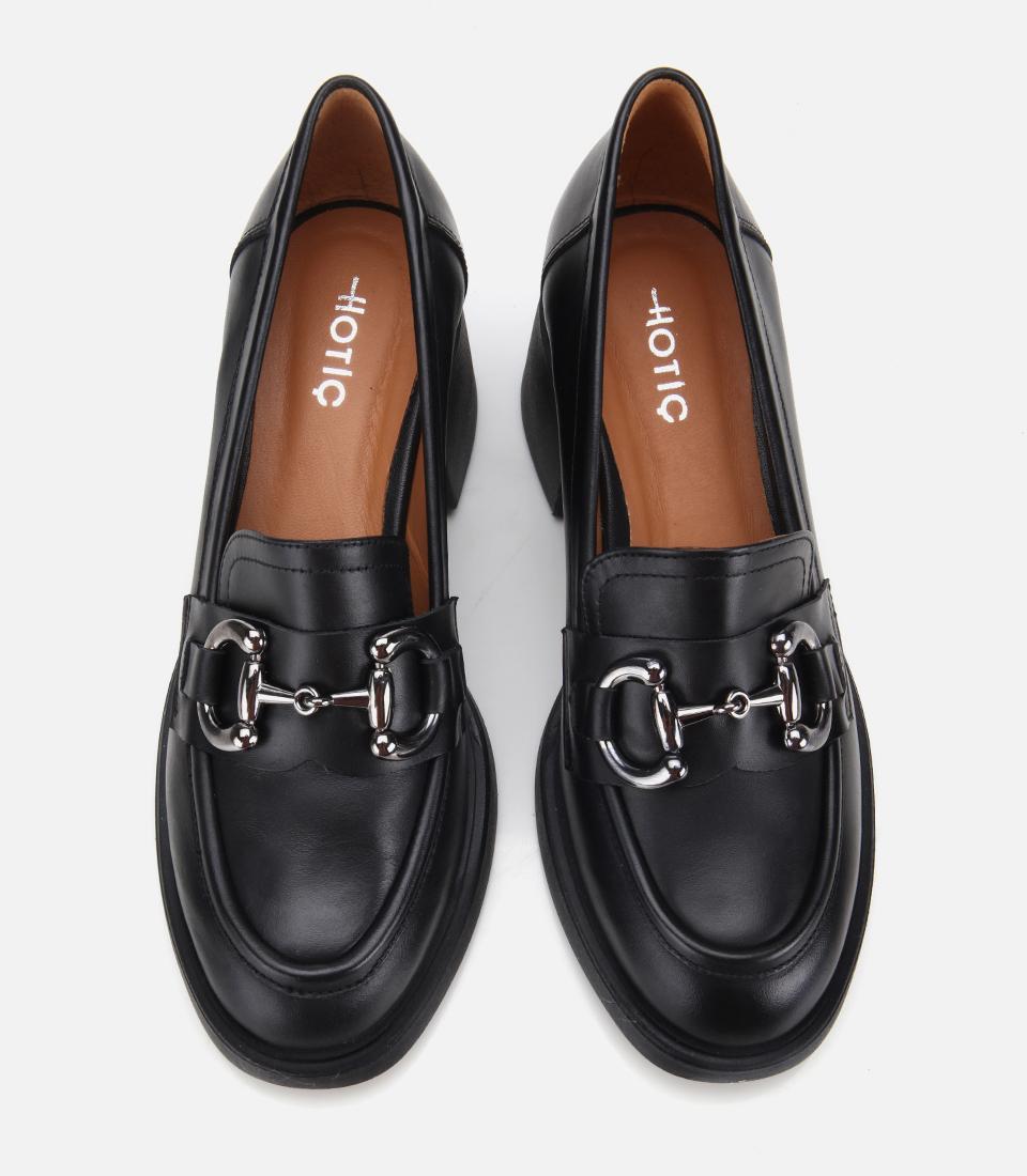 Kadın Deri Siyah Tokalı Yüksek Topuklu Klasik Loafer